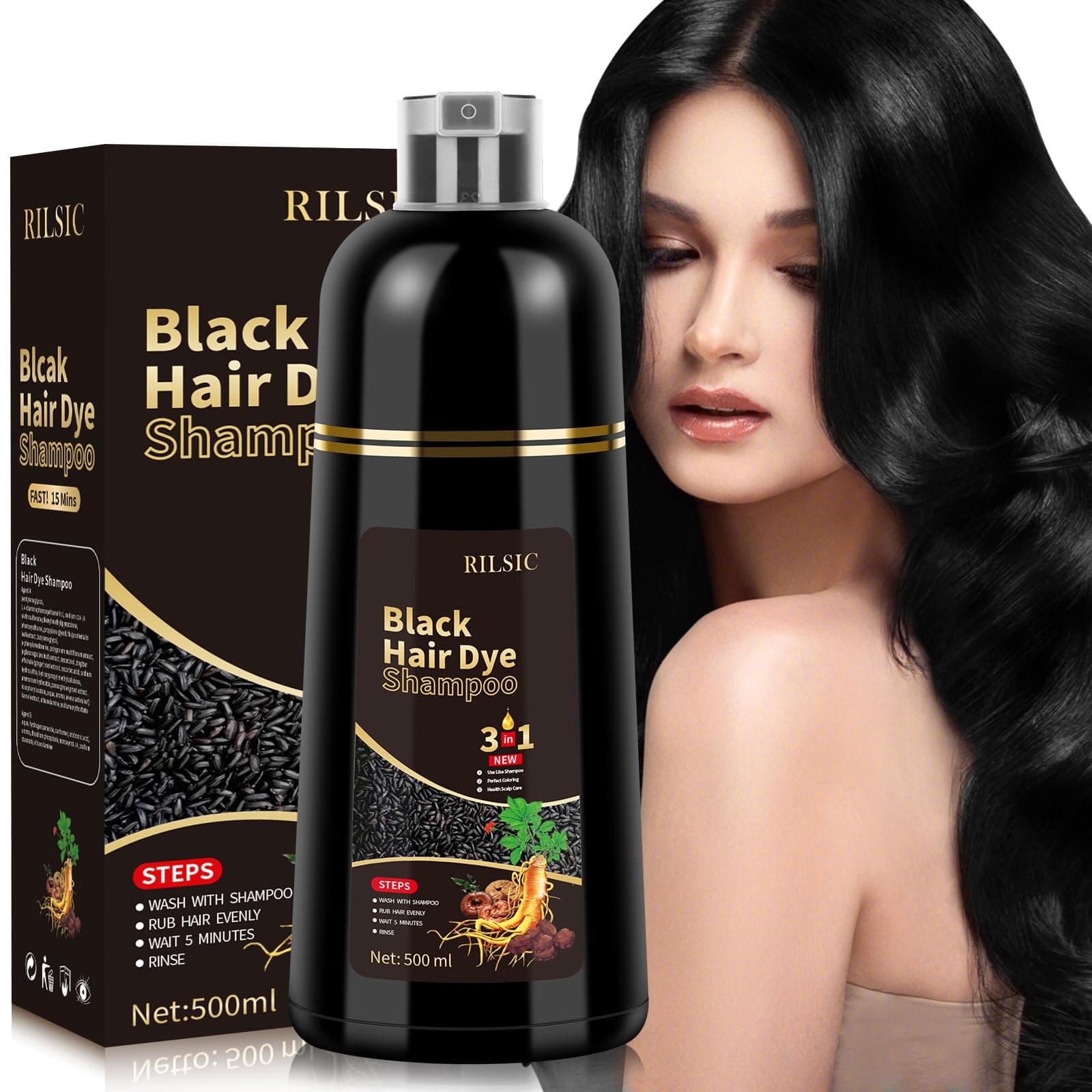 500ML Black Hair Dye Shampoo Capelli Colorati Nero 3 in 1, Shampoo Colorante Nero per Donna Uomo, Colorante Capelli Istantaneo, Hair Color - Naturale Colore per Donna Uomo