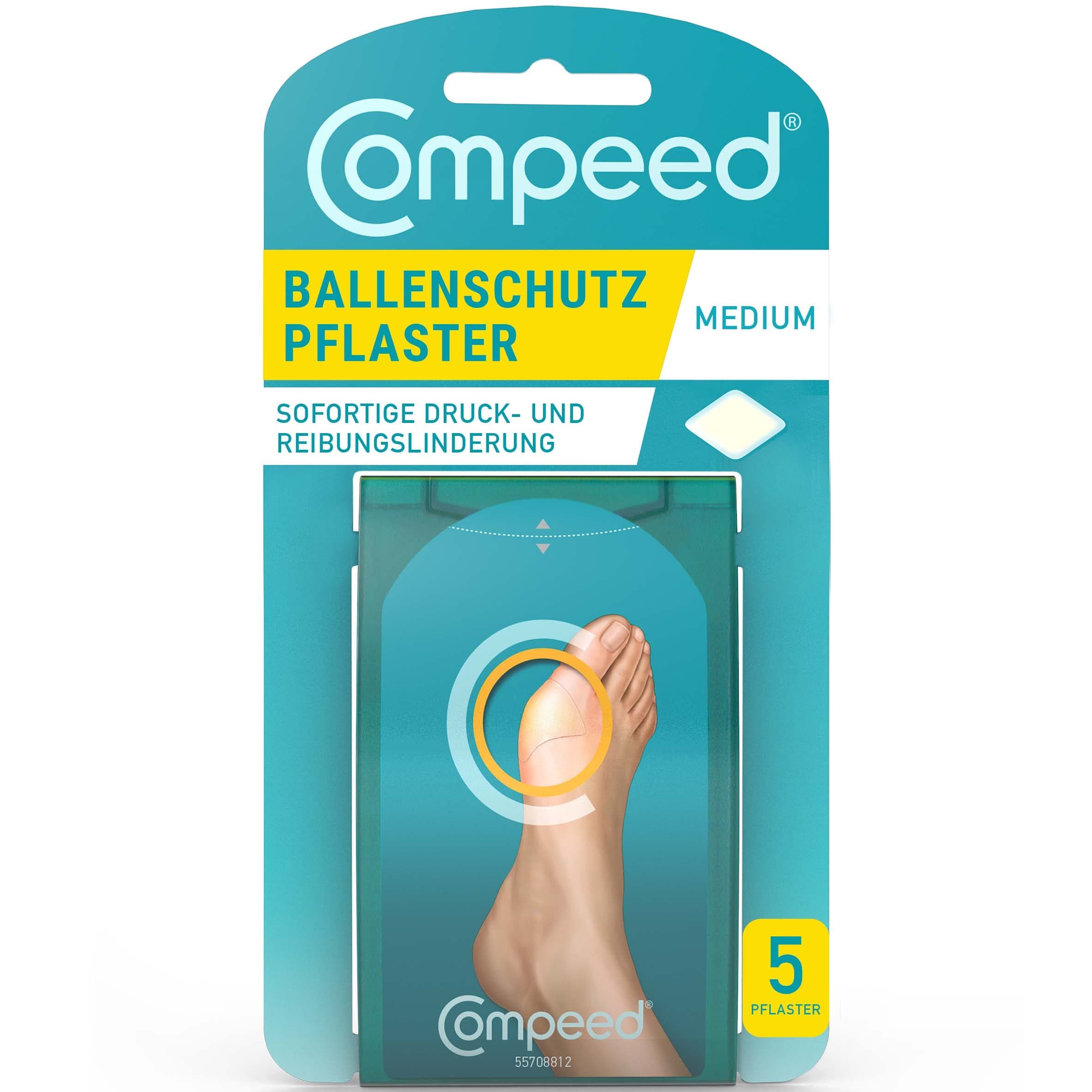 Compeed Ballenschutz Pflaster – Hydrokolloid-Pflaster zur schnellen Linderung von Schmerzen am Ballen und bei Hallux Valgus, 5 Pflaster