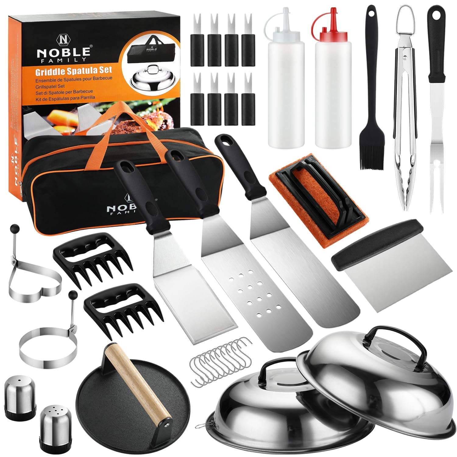 N NOBLE FAMILY 38PCS Kit de Accesorios para Plancha, Profesional de Herramientas de Barbacoa para Cocina al Aire Libre, Kit de Espátulas de Acero Inoxidable con Pinzas, Plancha para Hamburgesas