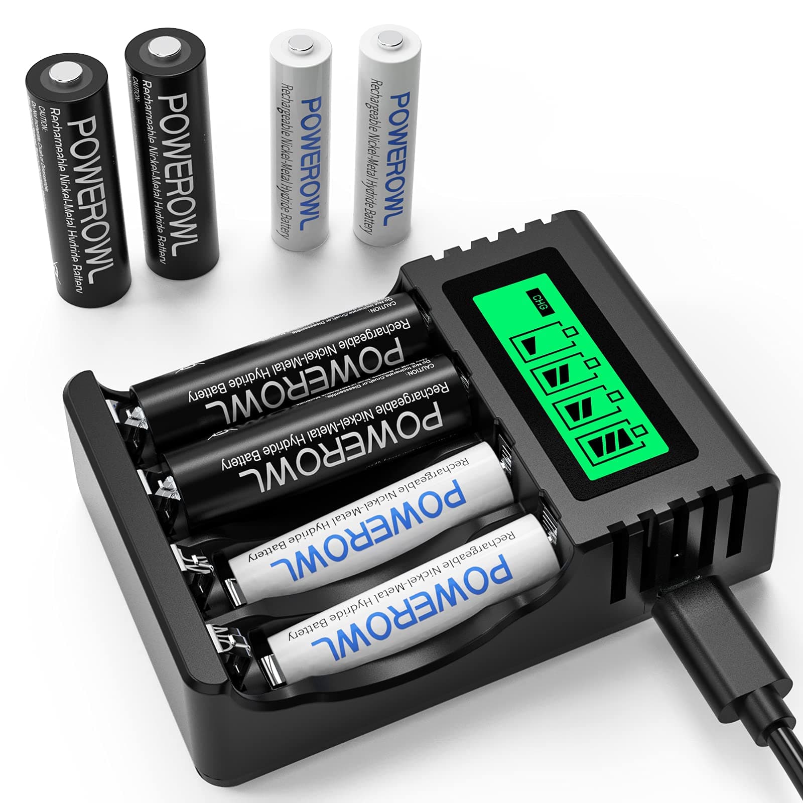 POWEROWL Cargador Rápido de Pilas con 4 Piezas AA 2800mAh Pilas Recargables y 4 Piezas AAA 1000mAh Ni-MH Baterías Recargables