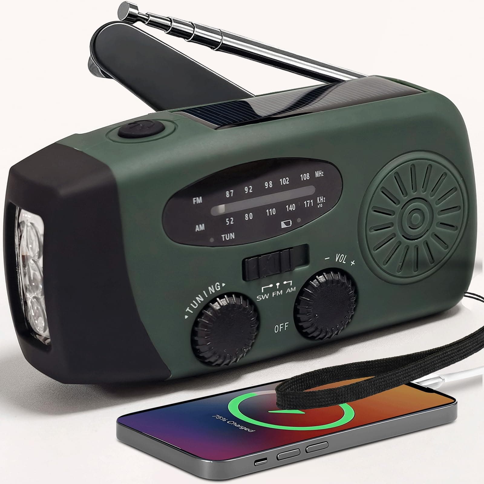 Radio de Emergencia Portátil, Am/FM/SW Radio con Solar Recargable Radio de Dinamo con Manivela con Linterna LED y Luz 2000mAh Powerbank SOS Alarma USB de Camping al Kit Supervivencia, Verde Militar