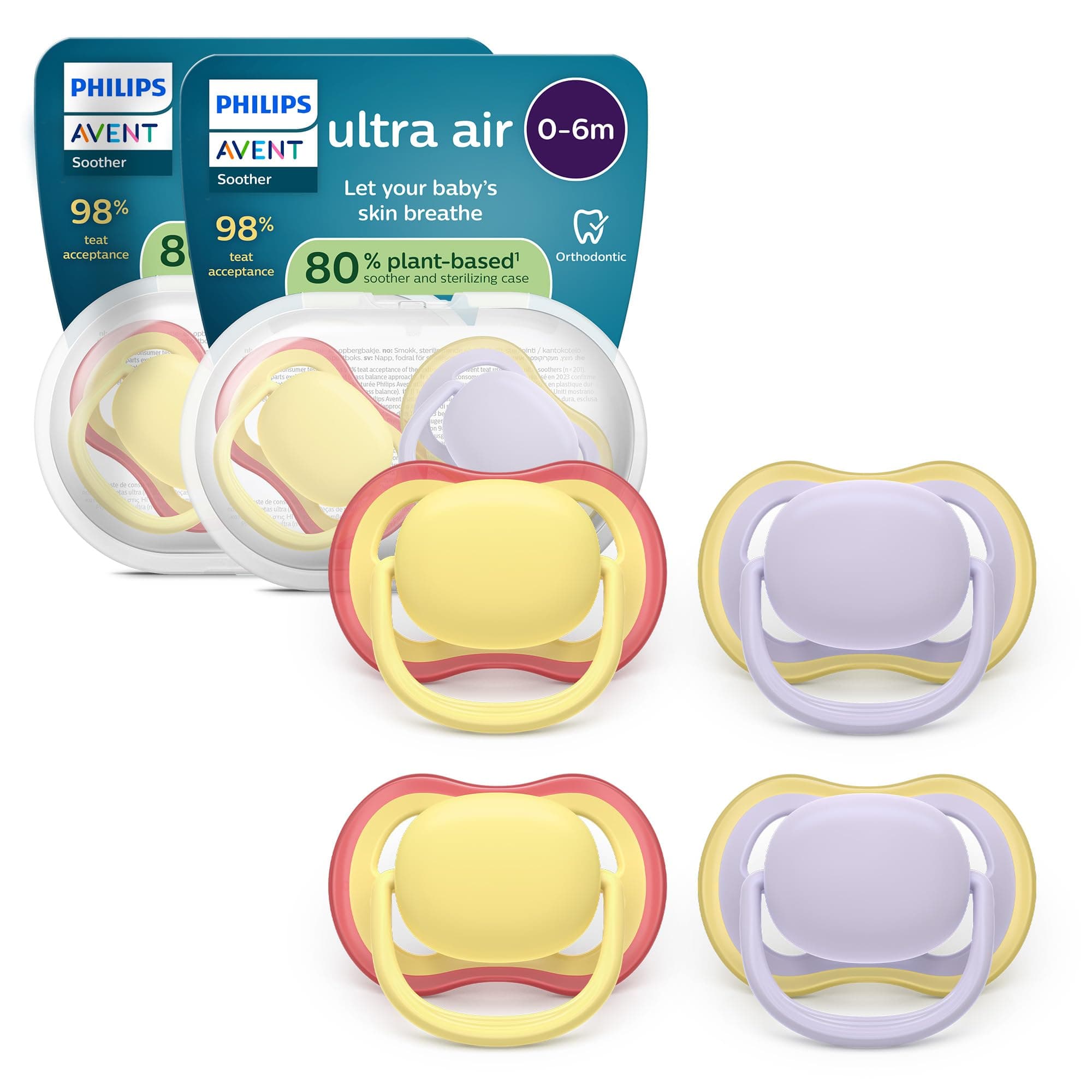Philips Avent ultra air Schnuller – kiefergerecht geformtes Design, für Babys, 0–6 Monate, weicher, symmetrischer Silikonsauger, BPA-frei, 2 Sterilisationsbehälter, 4er-Pack, SCF087/20