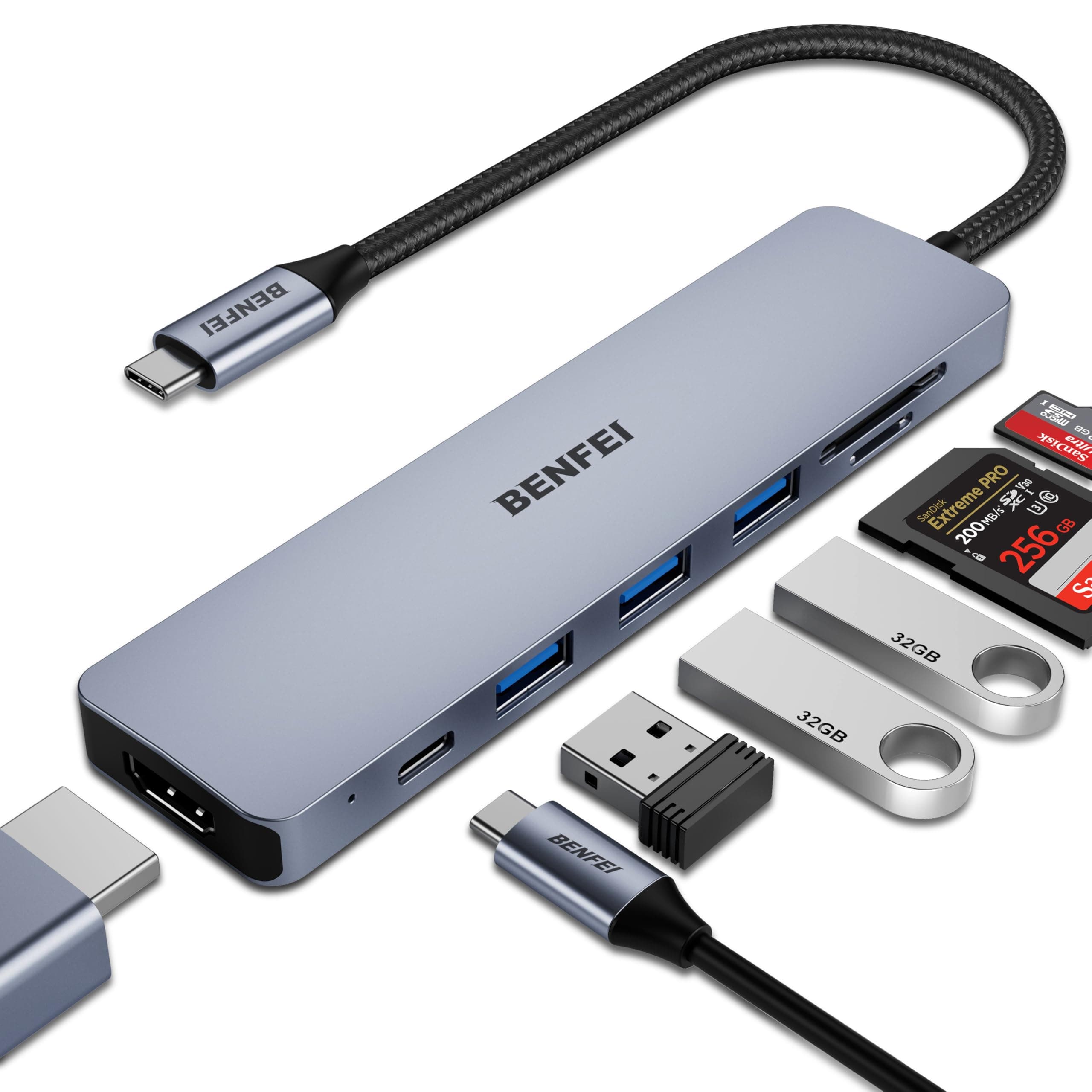 BENFEI USB C HUB 7 en 1, USB-C HUB Multiport Adapter mit HDMI (4K @60Hz Certificate)/100W Power Delivery/3*USB 3.0 5Gbps/SD/TF Card Reader (160MB/s) para iPhone 15 Pro/Max MacBook iPad Pro iMac S23