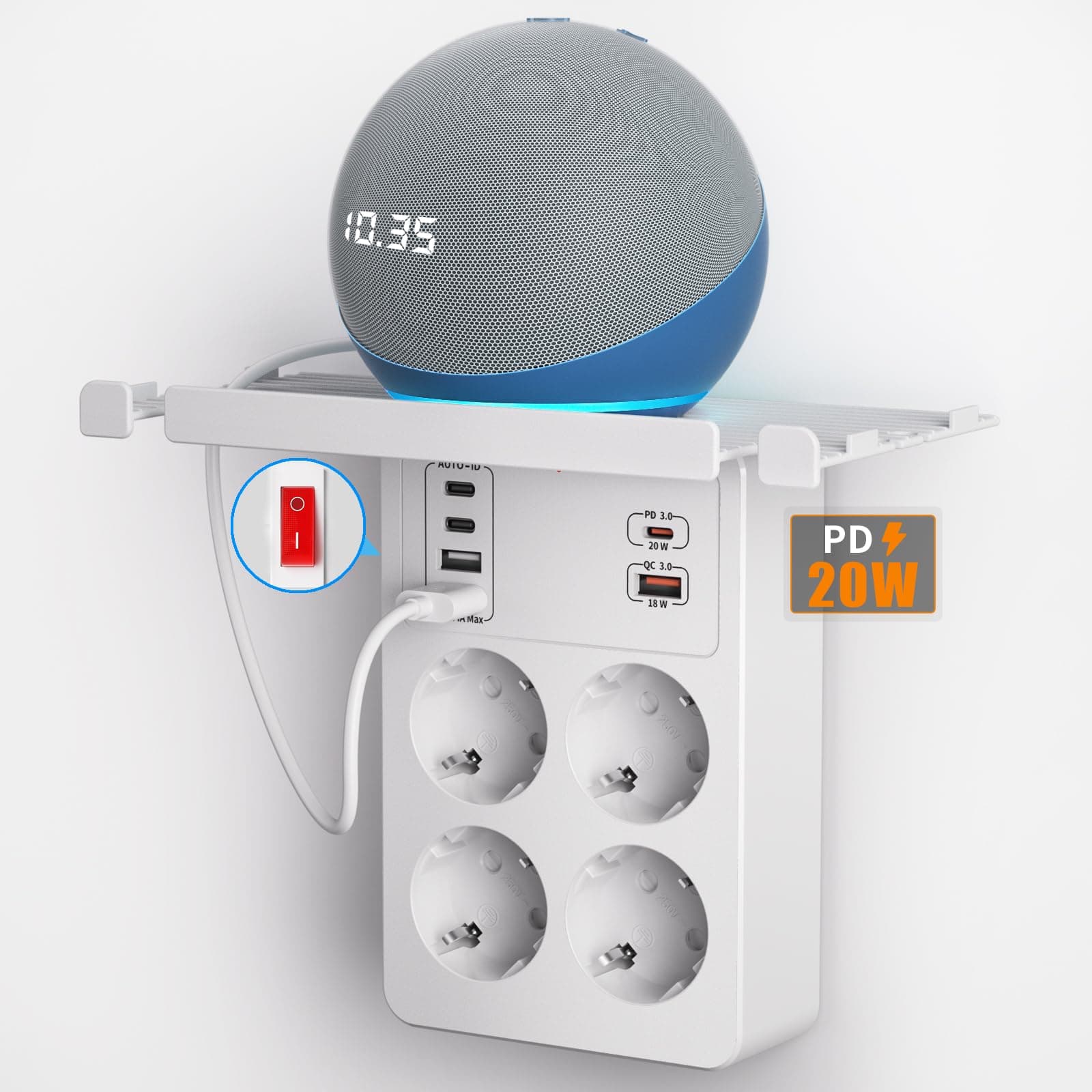PD20W Ladron Enchufes con Interruptor, Enchufe Multiple con Carga Rápida PD3.0 y QC3.0,Regleta 4 Tomas con 4 Enchufes Schuko y 6 USB Cargador, Regletas Enchufes Pared con Estantería, Blanco