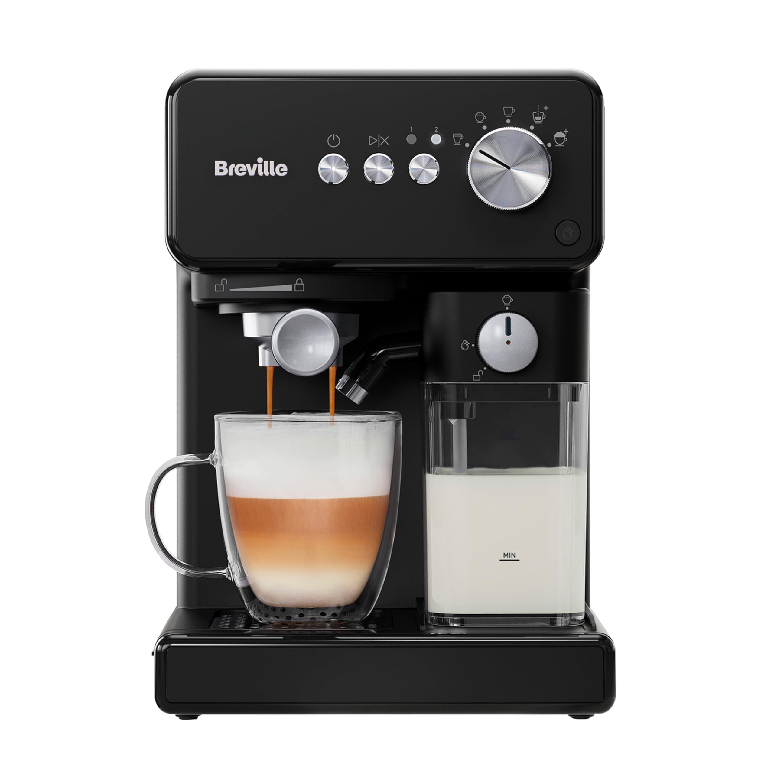 Breville Prima Latte Cafetera Espresso de Un Solo Toque | Espumador de Leche Automático | Máquina de Café para Capuchinos, Lattes y Más | Bomba Italiana de 15 Bares | Negro | VCF183X