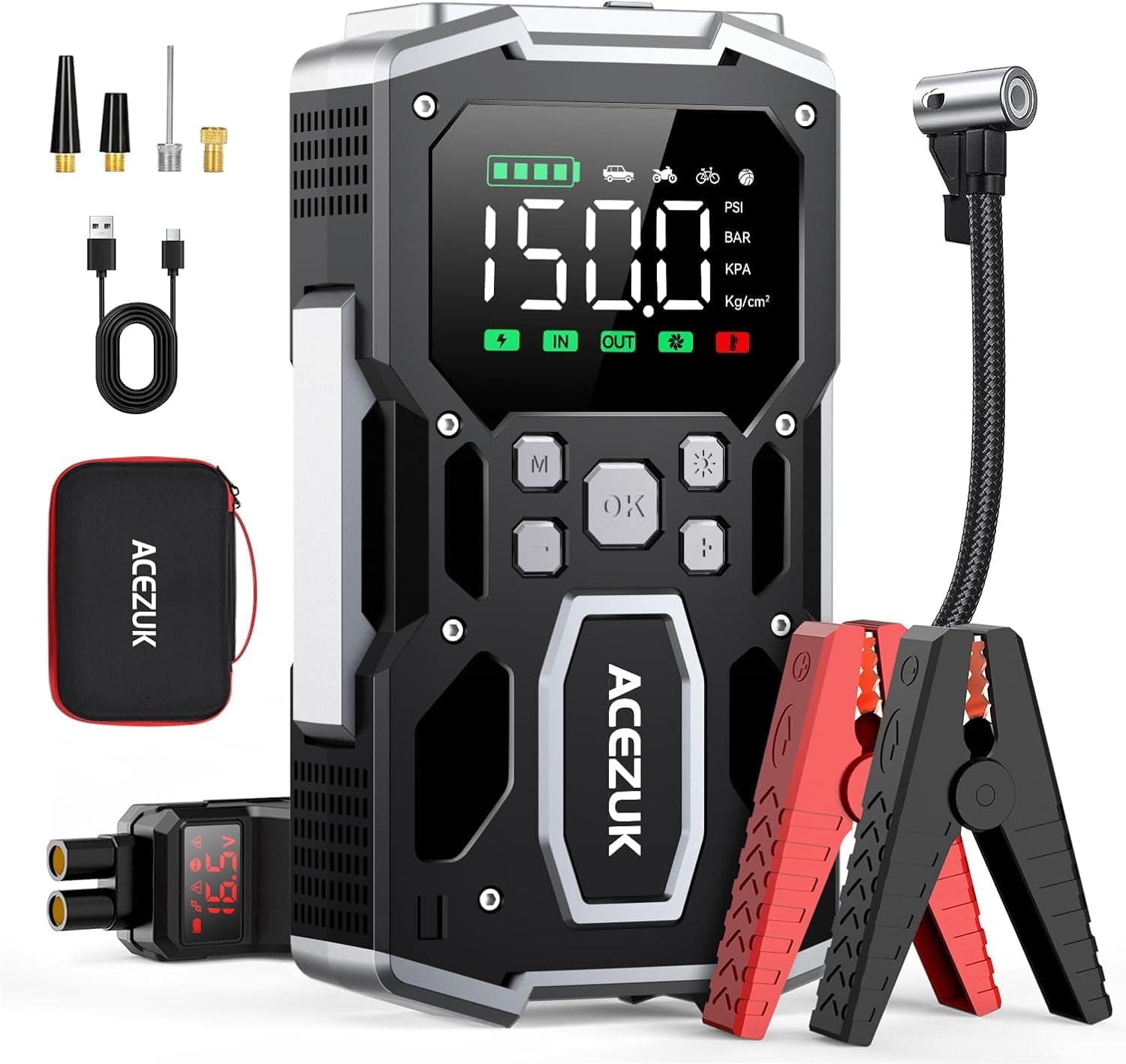 ACEZUK Arrancador de Batería de Coche 8000A, Compresor de Aire 150PSI, 26800mAh Arrancador de Coches para Vehículo(Toda Gasolina o 10L Diésel), 12V Jump Starter con 400-Lumen LED