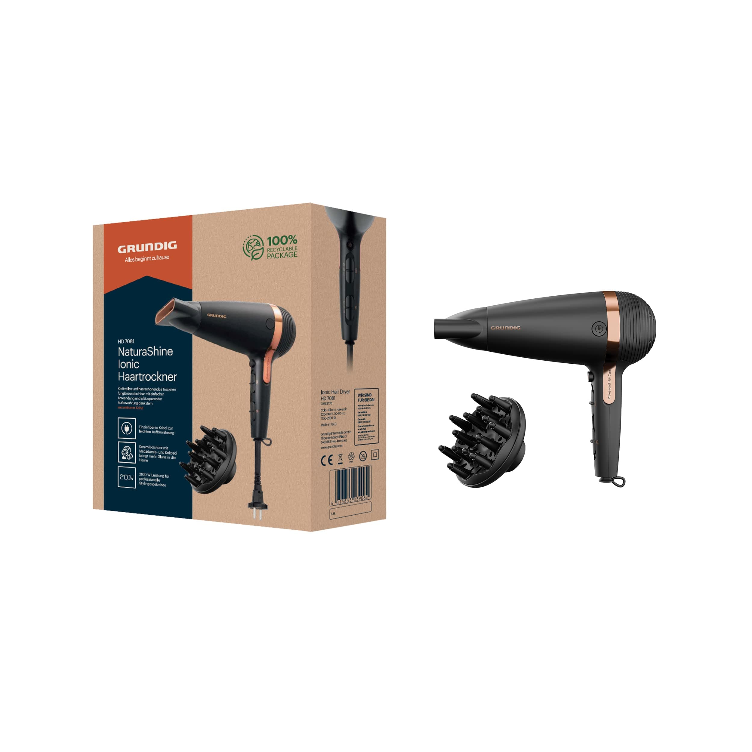 GRUNDIG - Naturashine HD 7081 Haartrockner - 2100W mit Ionen-Funktion & Kabeleinzug - Keramik mit Macadamia- & Kokosöl - Cool Touch Düse - Schwarz/Rosa-Gold