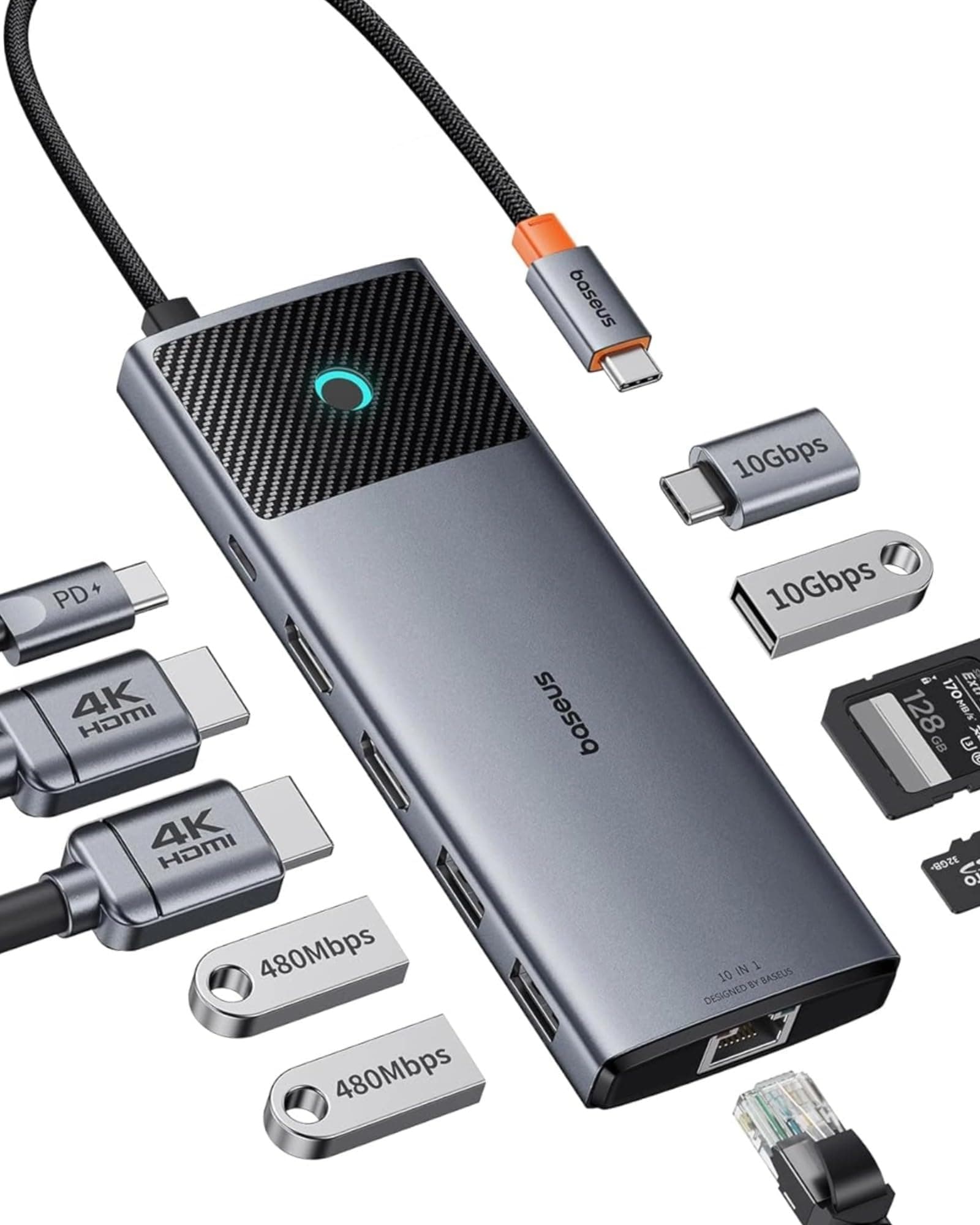 Baseus Docking Station USB C 2 Display,10Gbps 10 in 1 Docking Station with 2 HDMI Single 4K@120Hz, Dual 4K@ 60Hz,10Gbps USB-A and USB-C, Gigabit Ethernet and PD 100W for Mac/Dell/HP/Lenovo