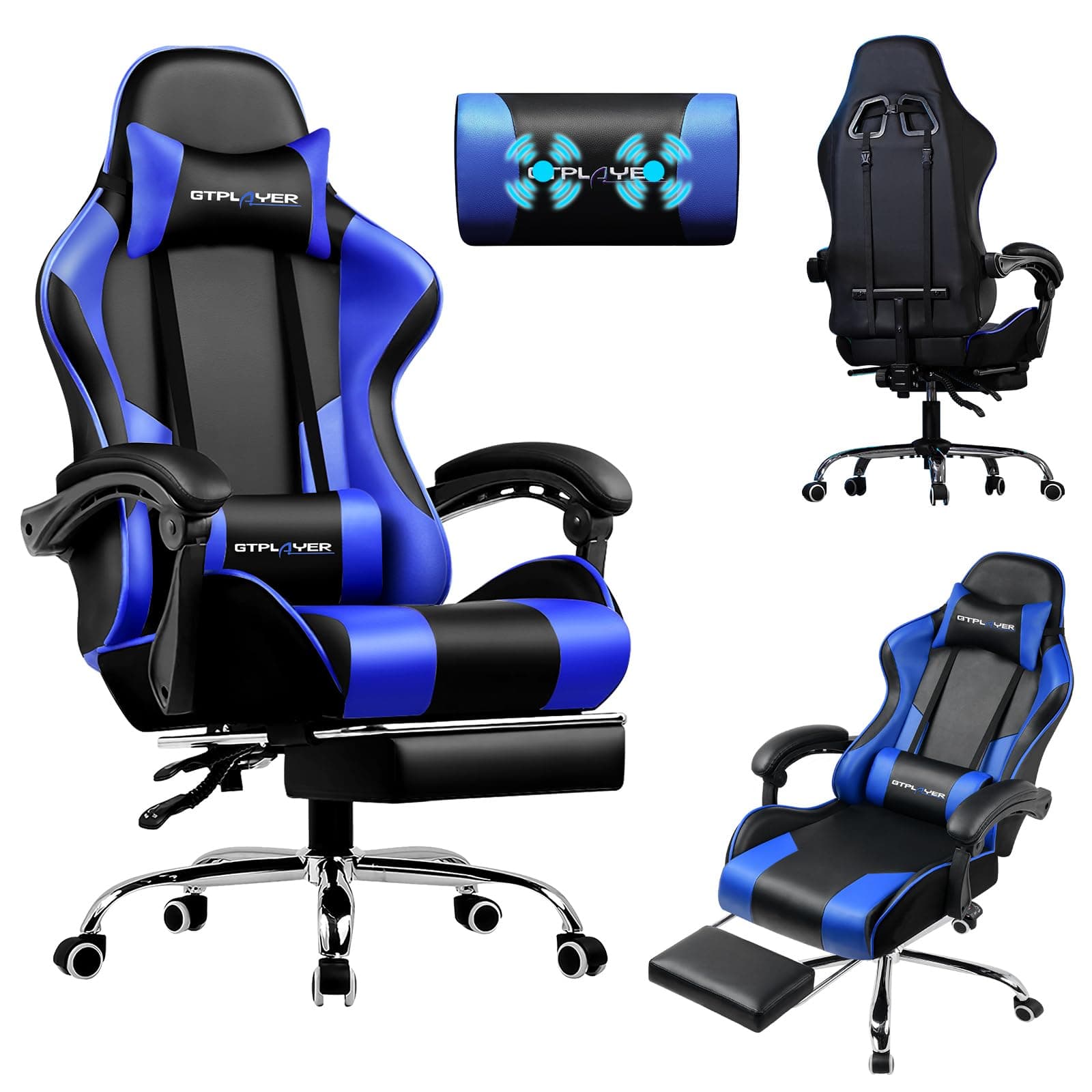 LUCKRACER Silla Gaming con Masaje Ergonómica | Reposapiés y Reposacabezas Retráctil | Soporte 150 kg | Oficina y Hogar | Color Azul