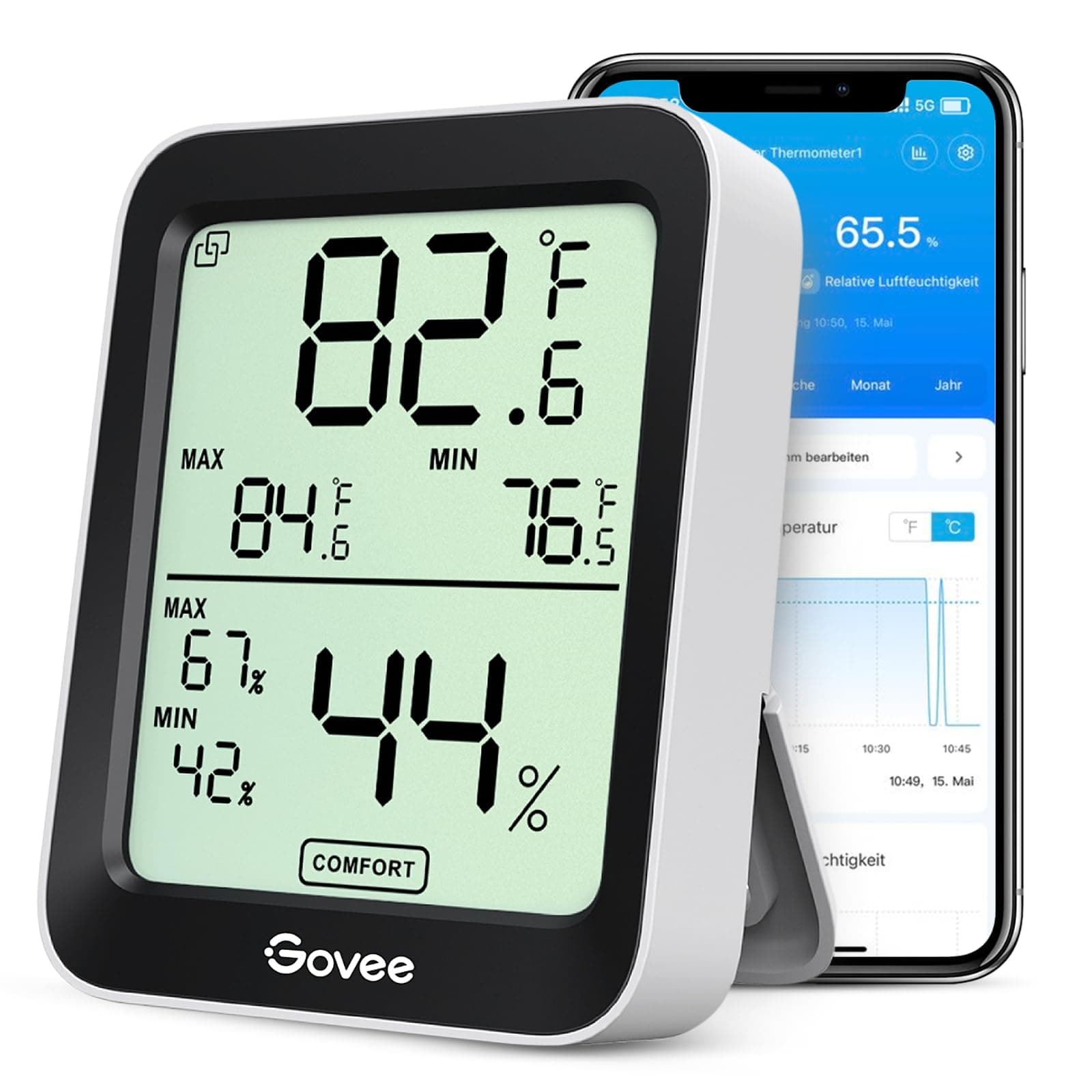 Govee Bluetooth Thermometer Hygrometer Innen, LCD Digital Temperatur luftfeuchtigkeitsmesser mit Benachrichtigungs Alarm, Präzise Thermo-Hygrometer mit APP, Datenspeicherung für Gewächshaus Weinkeller