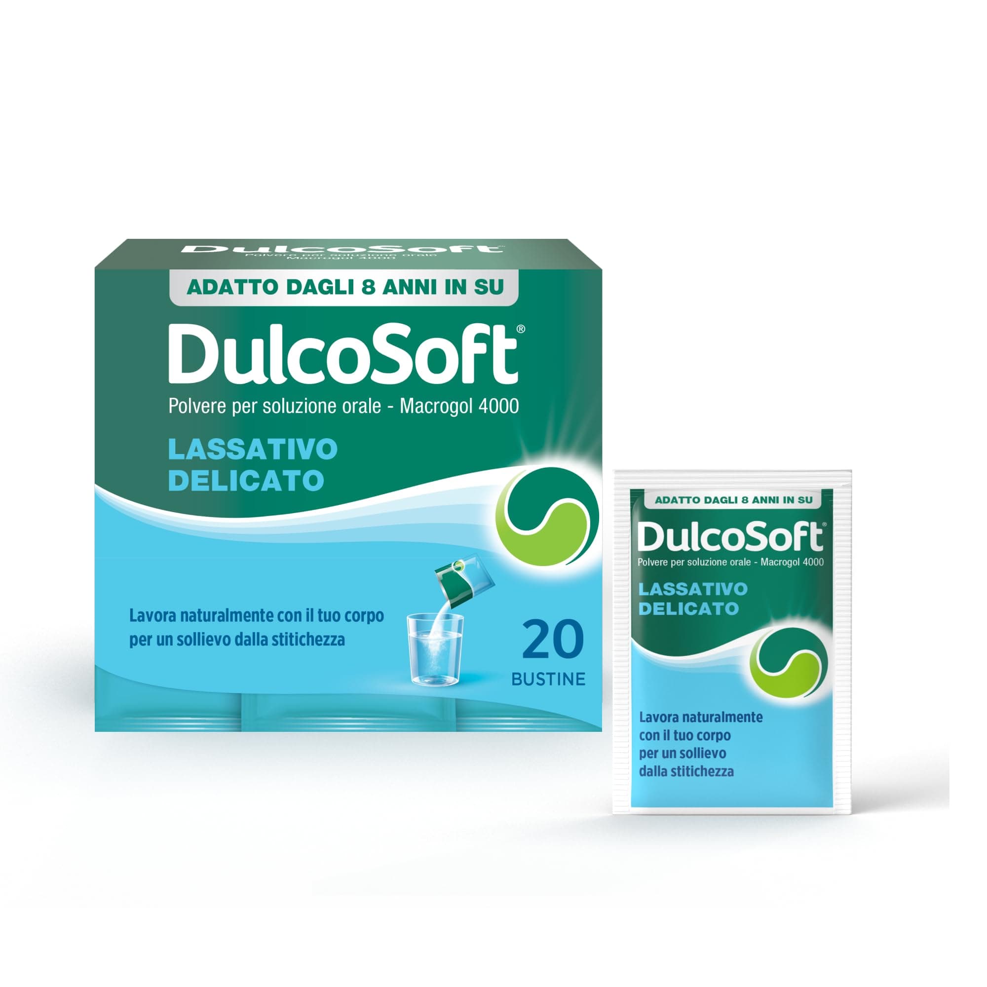DulcoSoft Lassativo con Macrogol, Rimedi Stitichezza Adulti e Bambini - Senza Glutine, Senza Zucchero - Lassativo Delicato per Irregolarità Intestinale, Stipsi (20 Bustine)