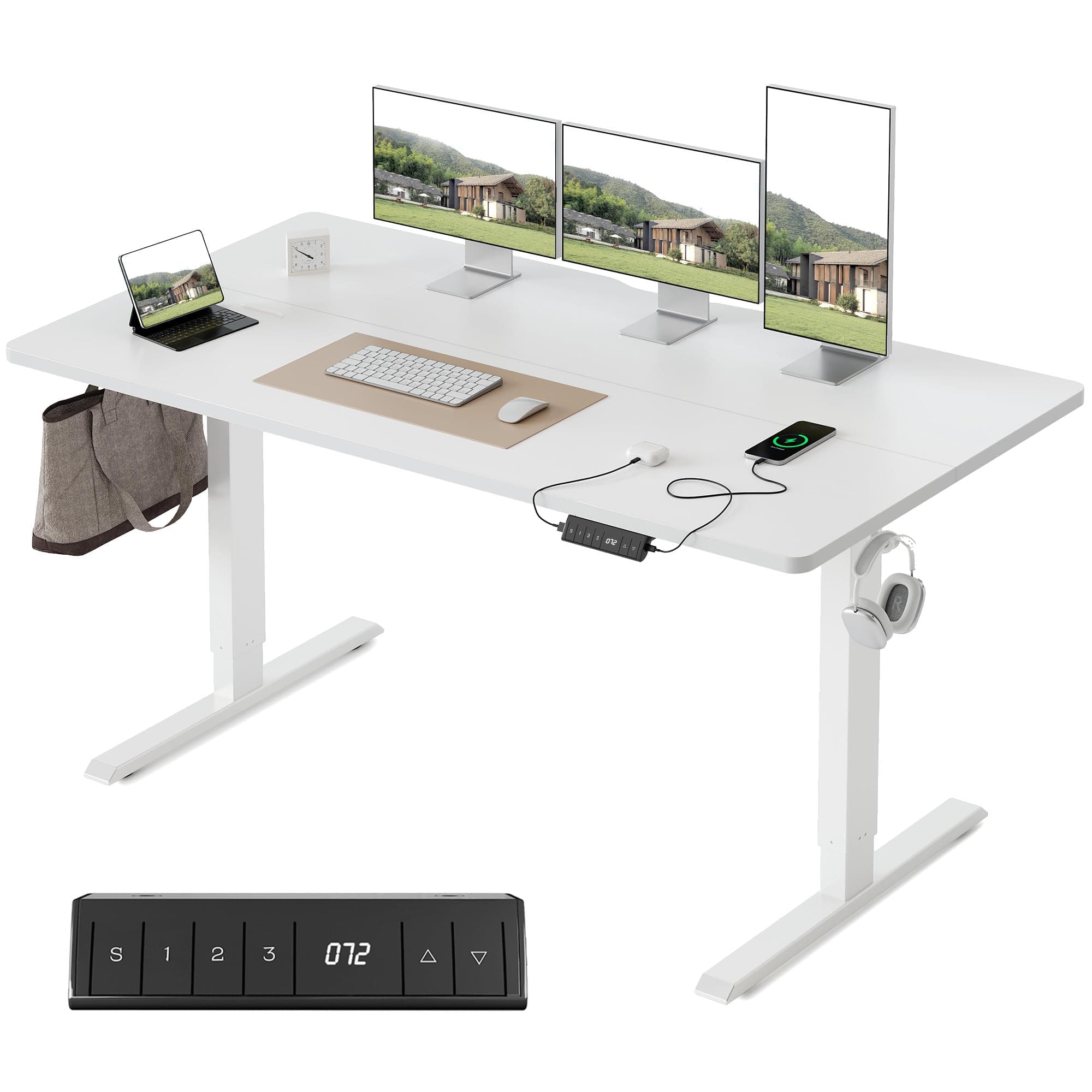 FEZIBO Bureau Électrique Réglable en Hauteur avec Ports de Charge USB-A et USB-C, 140 x 70 cm, Bureau Assis Debout, Ergonomique pour Télétravail, Blanc
