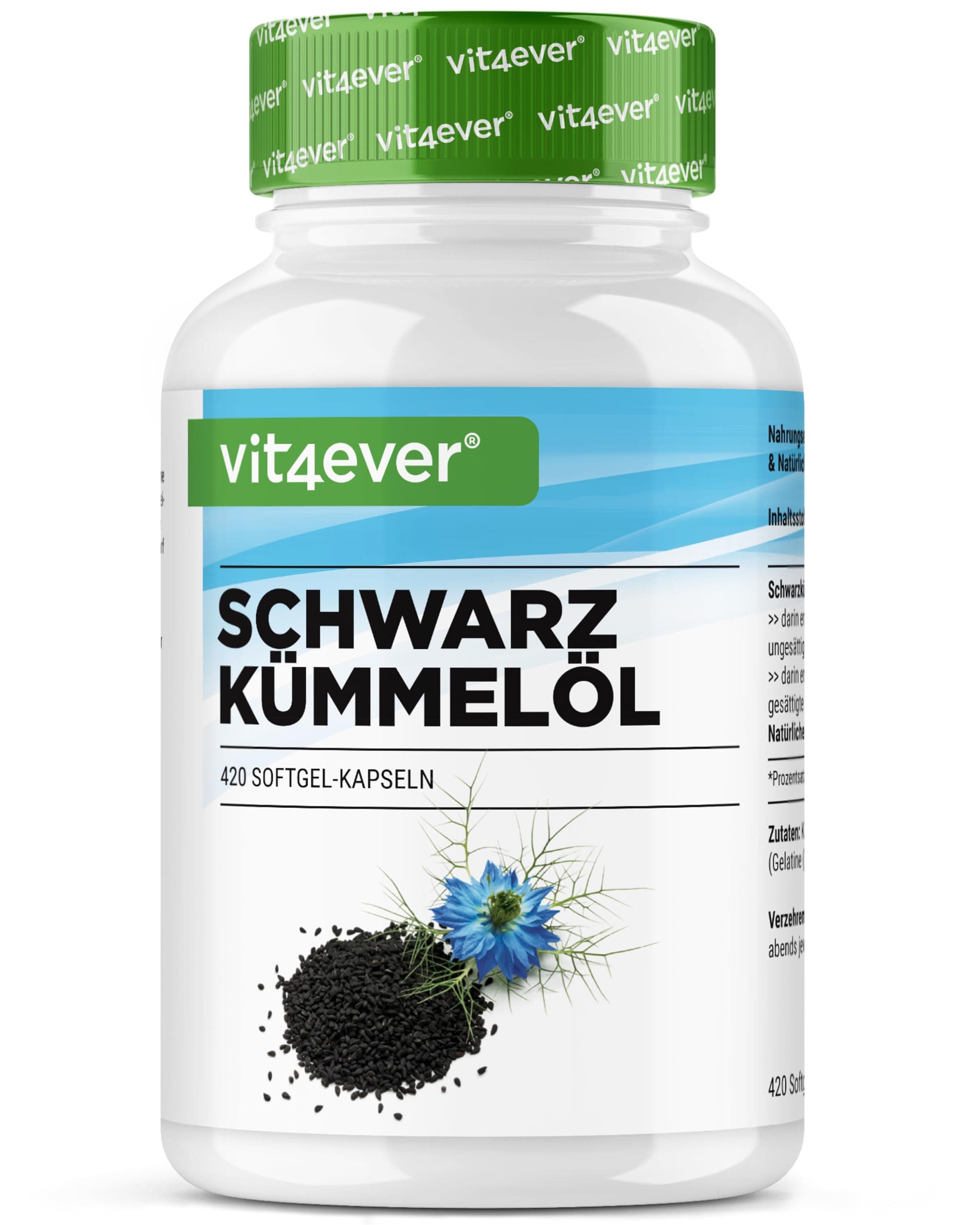 vit4ever Schwarzkümmelöl - 420 Kapseln - 1000 mg pro Tagesportion - Ägyptisch, naturbelassen & kaltgepresst - Echtes Nigella sativa