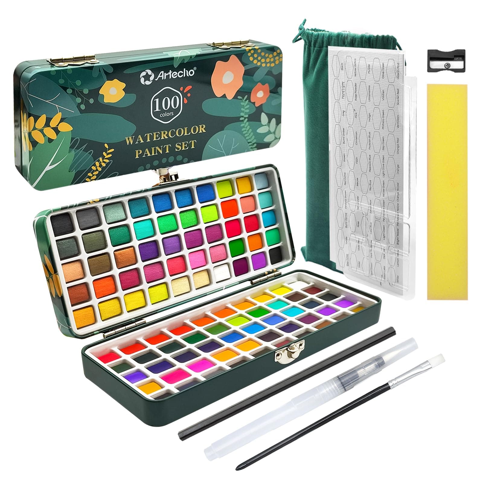 Artecho Set Acquerelli Professionali 100 Colori in Scatola Portatile, con Pennello e Carta per Acquerello, Acquerello da Viaggio, Watercolor, per Artisti e Pittori per Hobby