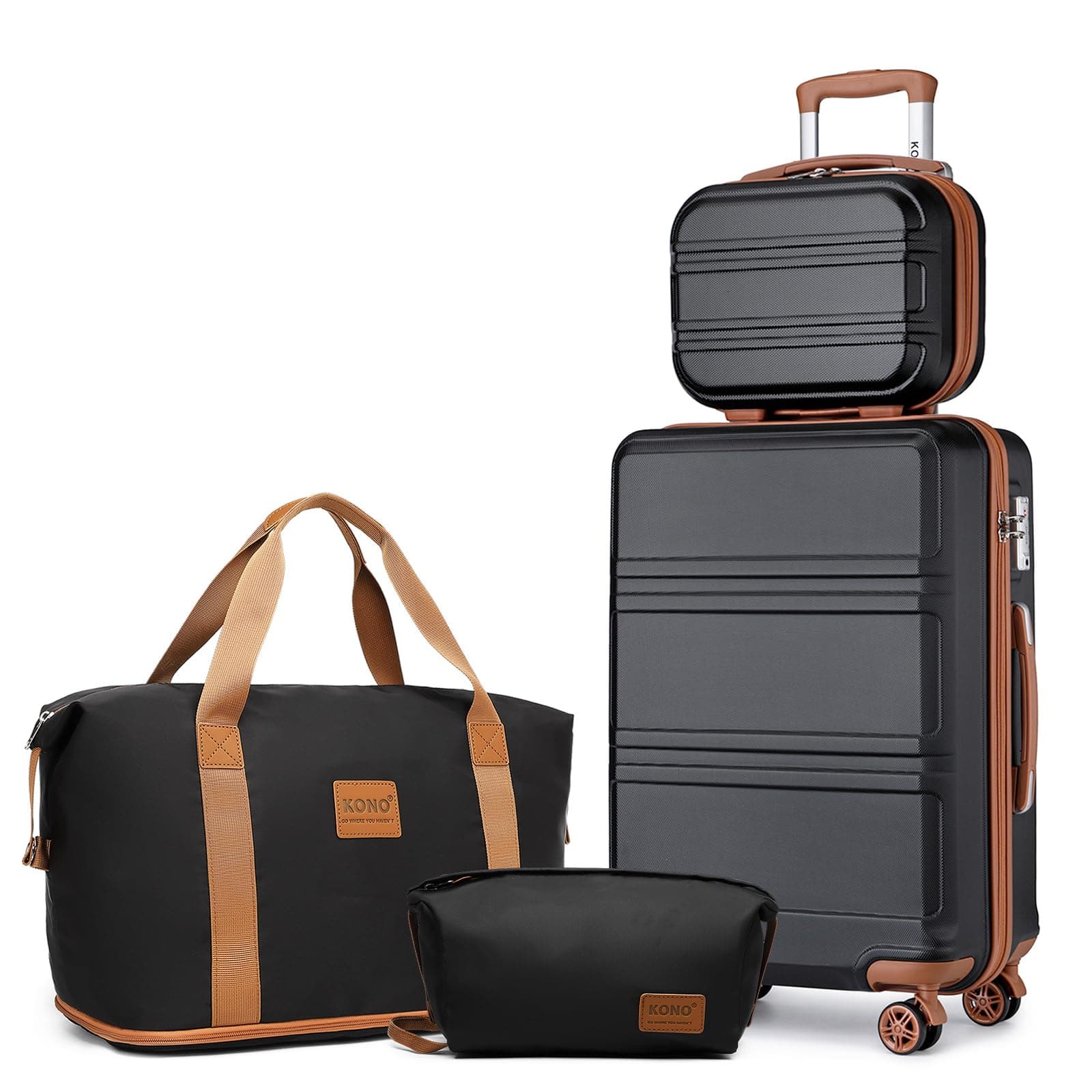 Kono Set de 4 Valises de Voyage Rigide Bagage Cabine 55cm avec Portable Vanity Case et Pliable Sac de Voyage pour Sport avec Trousse de Maquillage, Noir/Marron