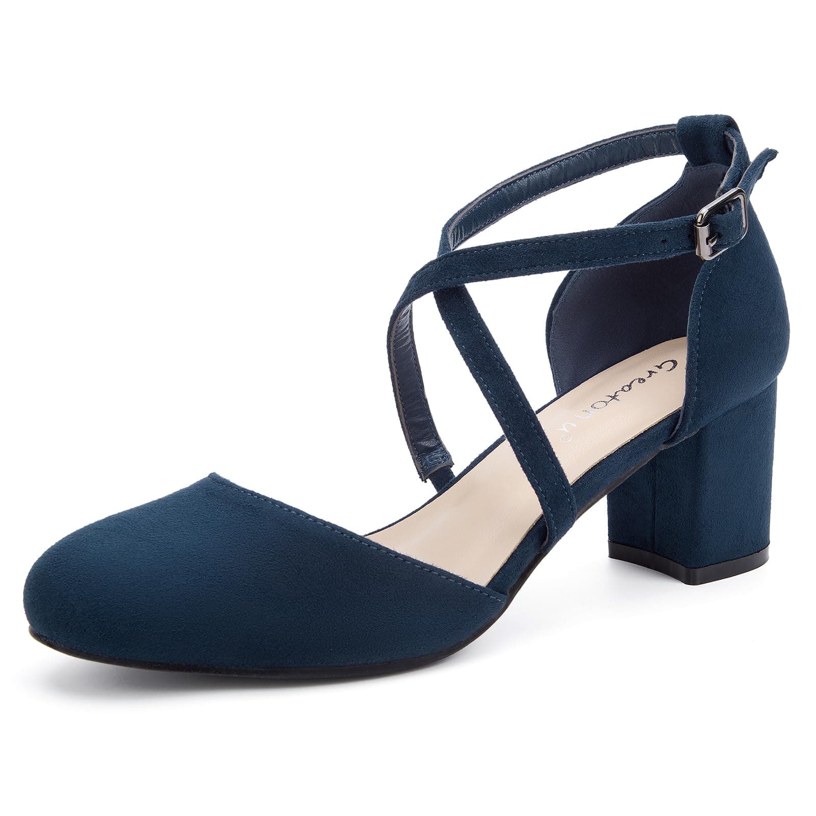 Greatonu Bombas con Correa en el Tobillo para Mujer, Tacón en Bloque, Correas Cruzadas y Puntera Cerrada para Bodas y Fiestas