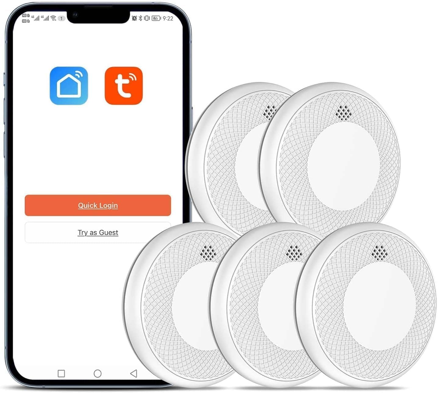 Detector de Humo Inteligente Wi-Fi, batería de 10 años con notificación Mediante aplicación, función silenciosa y autoprueba, Compatible con EN 14604, 5 Pieza (Compatible con App Tuya/Smart Life)