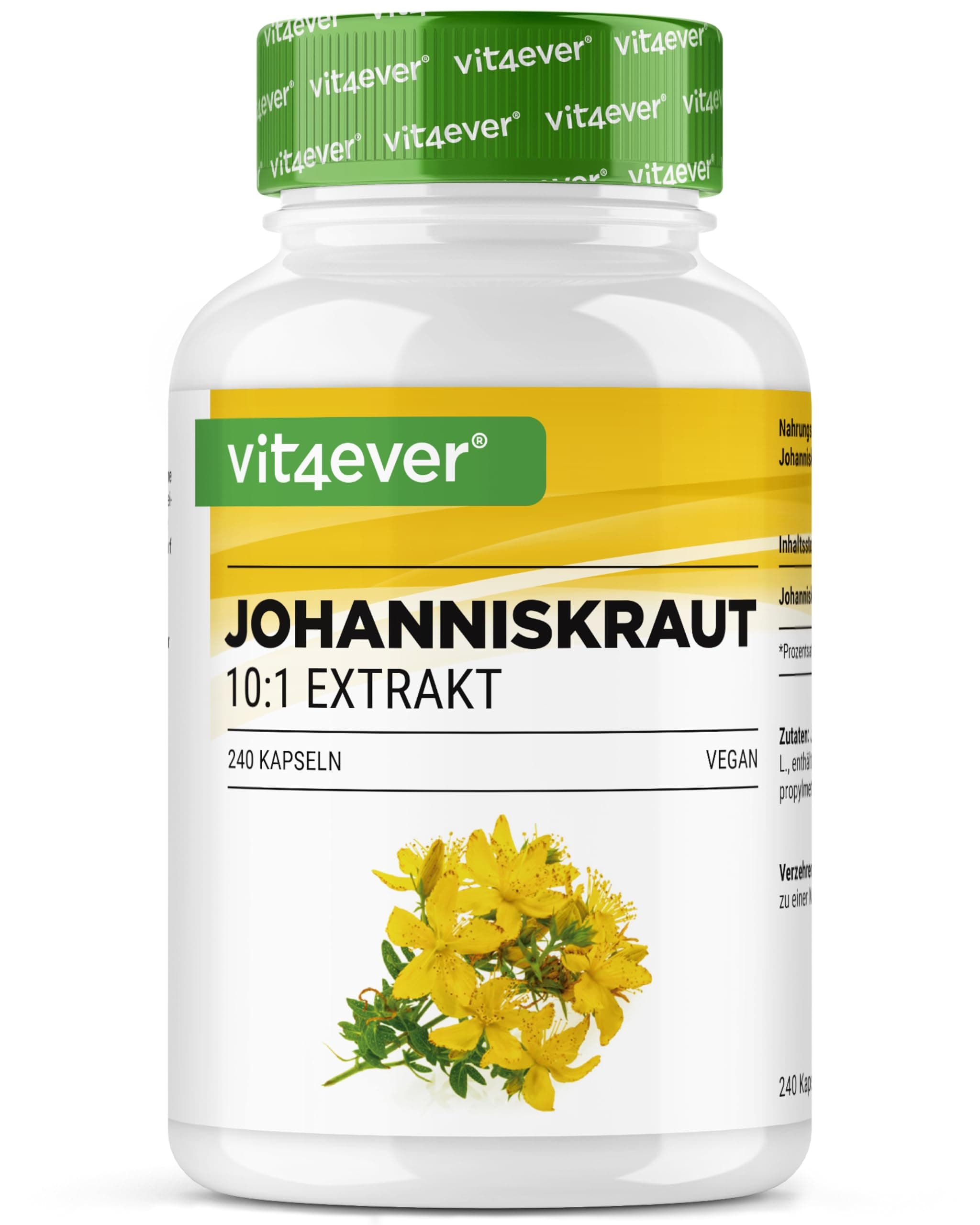 vit4ever Johanniskraut - 240 Kapseln mit 500 mg Extrakt hergestellt aus 5000 mg reines Johanniskraut - Natürlicher 10:1 Extrakt - Hochdosiert - Vegan