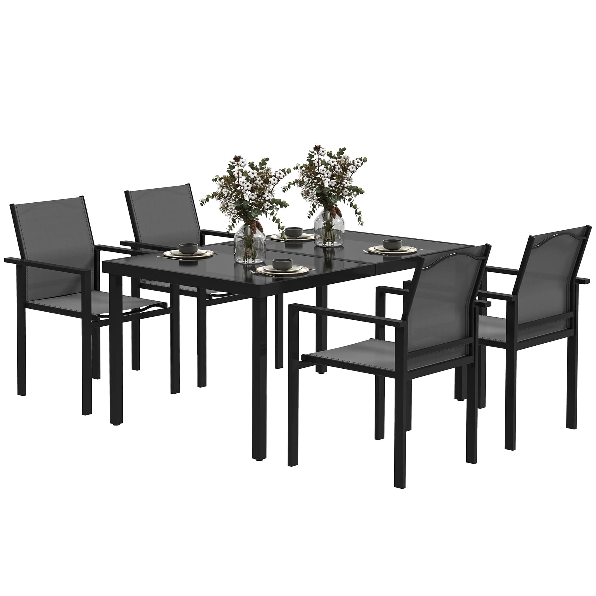 Outsunny Salon de Jardin extérieur 4 Personnes, Table de Jardin extérieure avec 4 chaises empilables, Plateau en Verre trempé 140 cm, mobilier de Jardin, terrasse, Porche, Noir