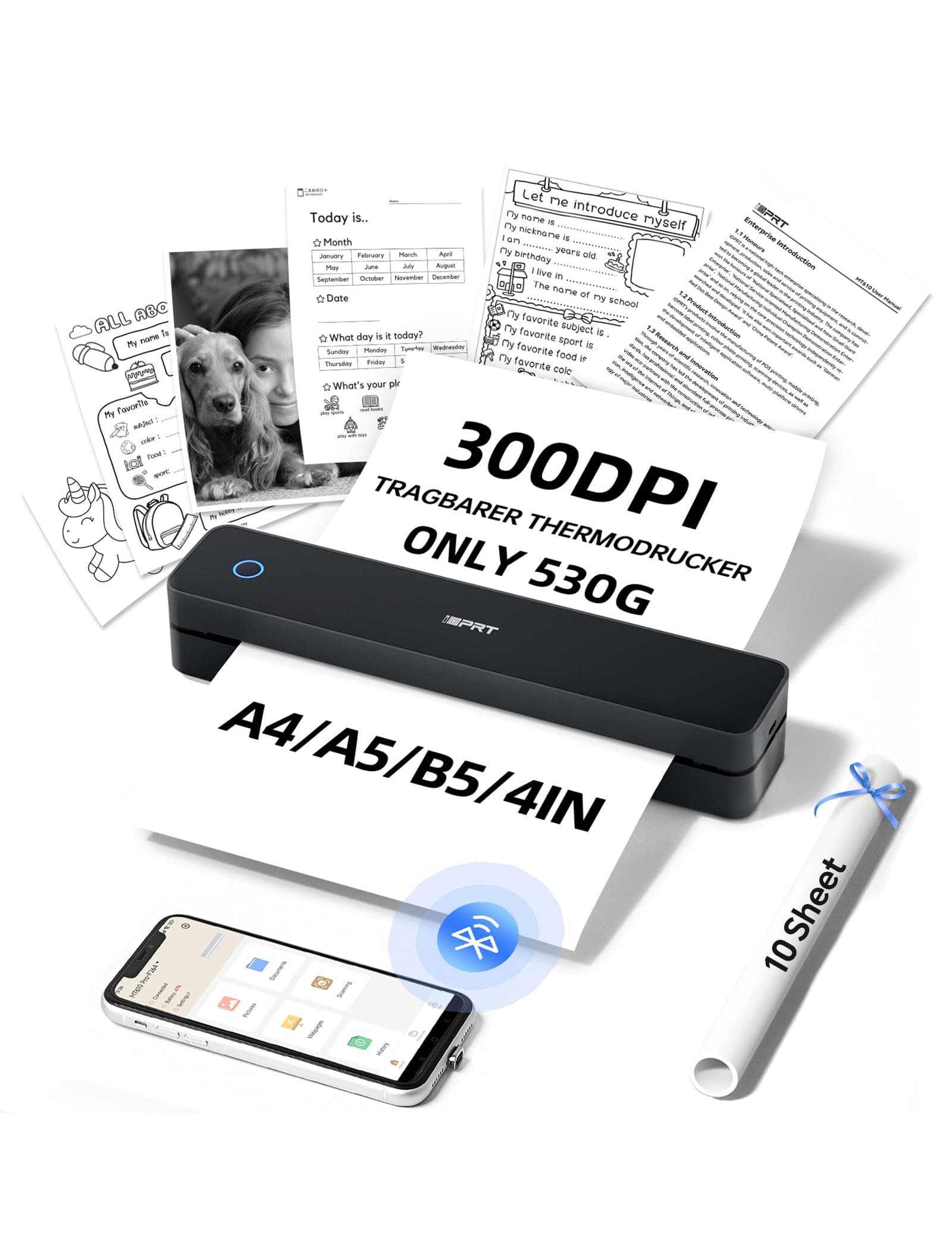 iDPRT MT610pro Imprimante Thermique A4, 300DPi Bluetooth Imprimante Portable pour Les Véhicules, Bureau, Maison, Compatible avec Les Téléphones et Ordinateurs Portables Android et iOS, Noir