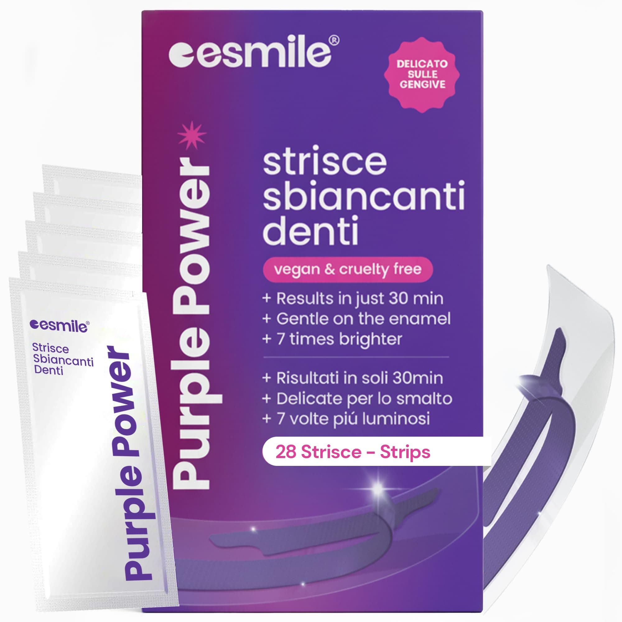 ESMILE 28 Strisce Sbiancanti Denti Professionali Viola - Risultato Immediato Effetto V34 - Sbiancamento Denti Rapido a Casa | Ideali per Macchie da Caffè, Vino, Fumo | Delicate per Denti Sensibili