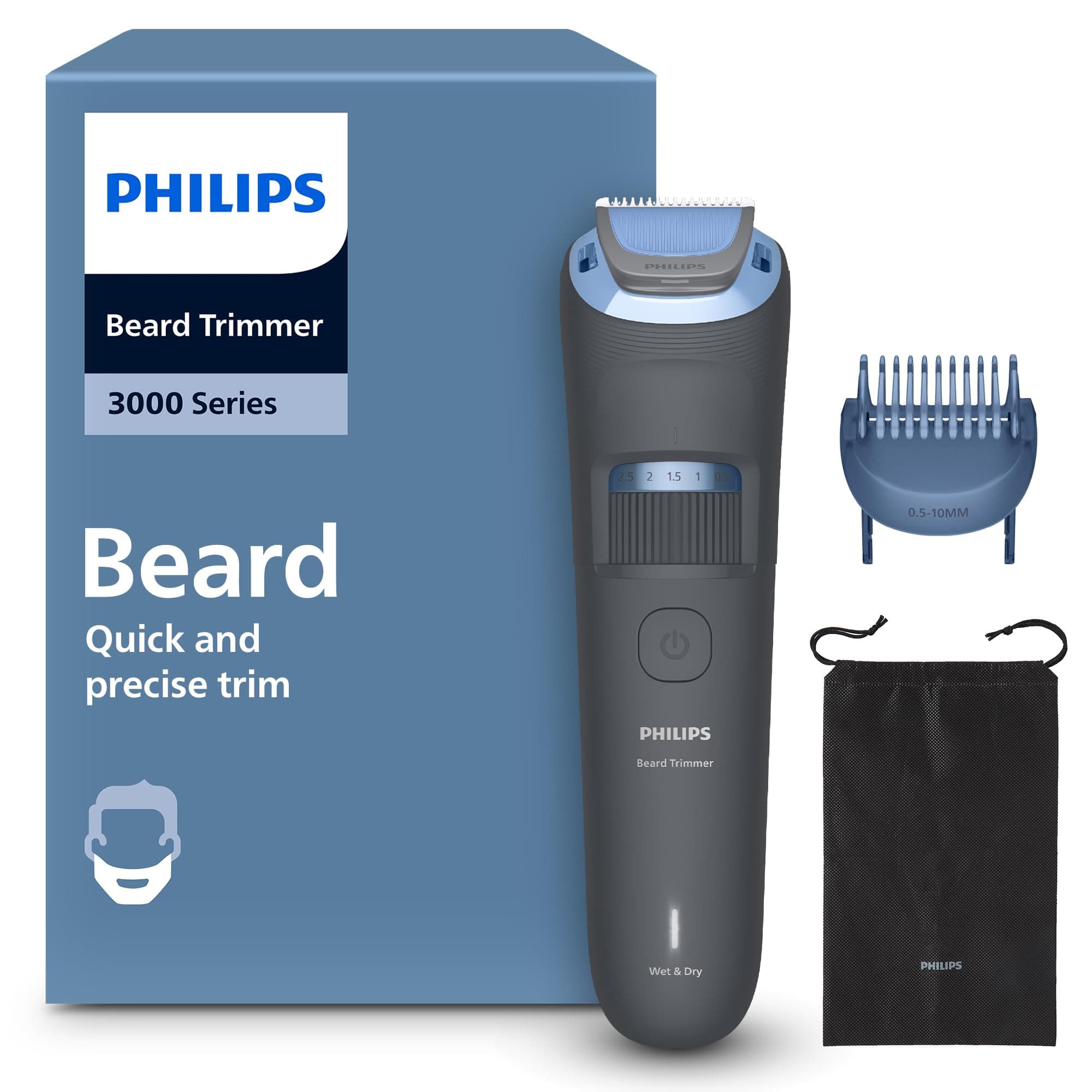 Philips Serie 3000 - Cuchillas con puntas redondeadas, 20 posiciones ajustables, peine-guía, 100% resistente al agua, indicador de batería, carga USB, funda, modelo BT3619/15