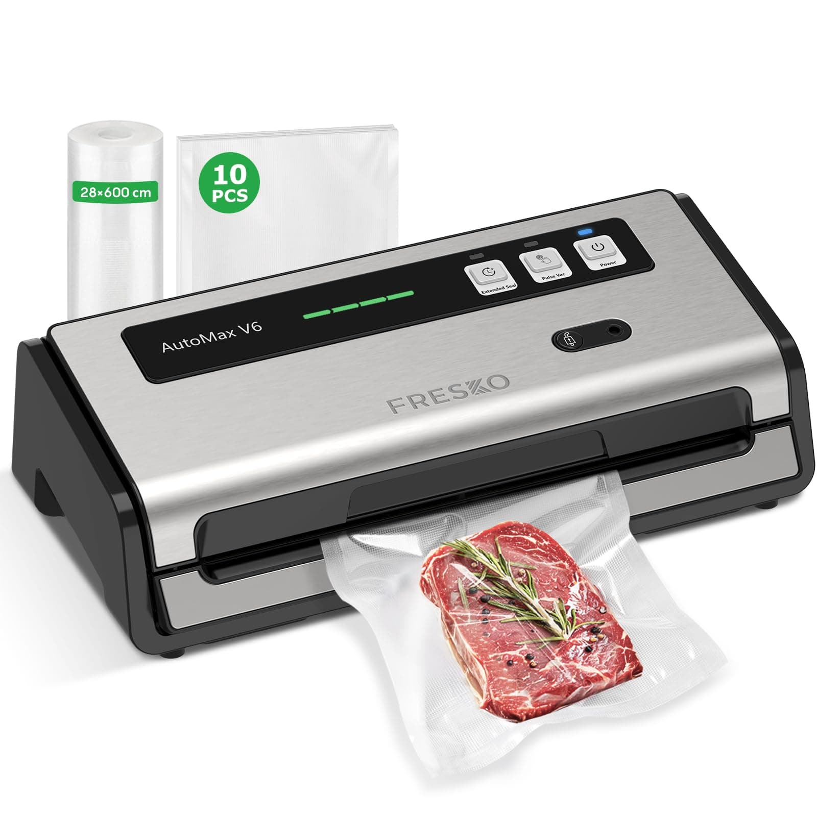 FRESKO Envasadora al Vacio Automática, 140 W, Sellado Térmico Ensanchado, Cortador y Soporte Para Bolsas Integrados, Modo Húmedo Y Seco, Operación con una Sola Mano (Automax V6)