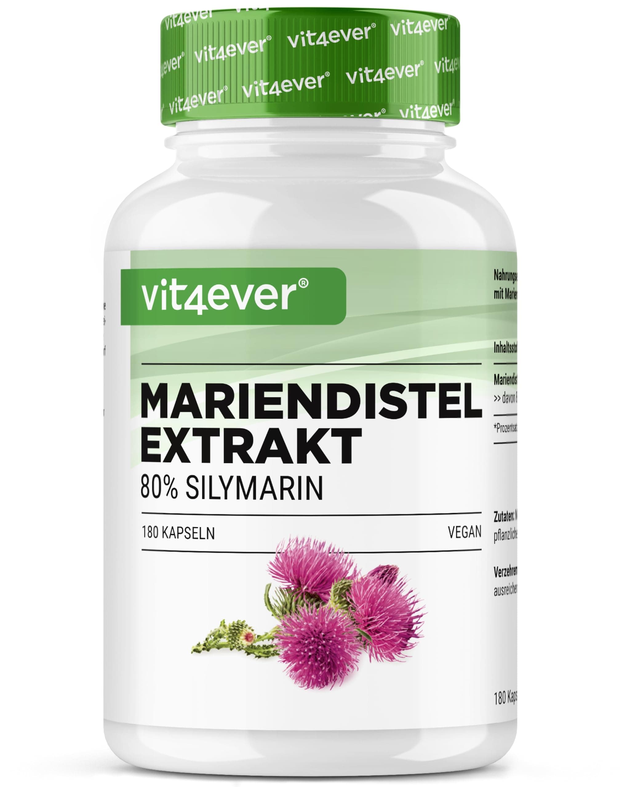 vit4ever Mariendistel Extrakt 180 Kapseln mit je 500 mg - 80% Silymarin Anteil - 6 Monatsvorrat - Laborgeprüft (Wirkstoffgehalt & Reinheit) - Hochdosiert - Vegan - Premium Qualität