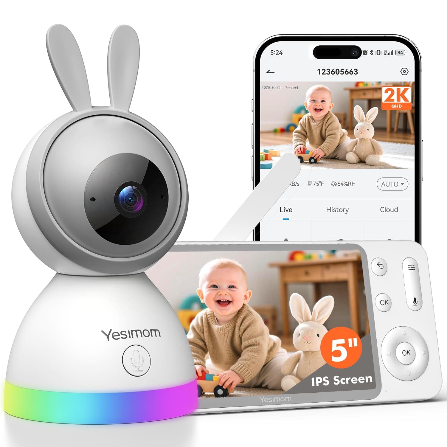 YESIMOM 5” 2K/3MP Camara Vigilancia Bebe con Pantalla IPS, Alerta por Llanto en Monitor y Móvil, Visión Nocturna Clara, 360° Giro Total, Control Dual, WiFi - Máxima Seguridad para tu Bebé(Color Gris)