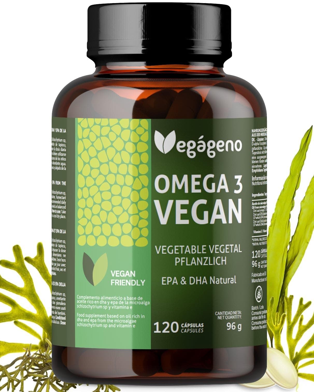 OMEGA 3 Vegano – Aceite de Algas 2000 mg con 600 mg DHA y 300 mg EPA – 120 Cápsulas Vegetales de Almidón de Tapioca (Sin Gelatina Animal) – Sin Gluten – Non GMO – Forma Triglicérido – Vegageno