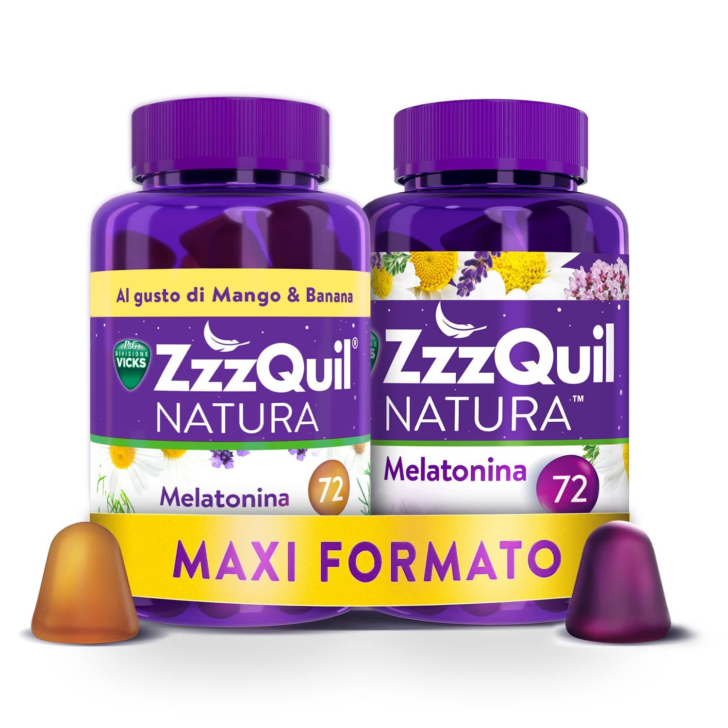 ZzzQuil Natura, MELATONINA per DORMIRE, INTEGRATORE con MELATONINA pura ed Estratti di Valeriana, Camomilla e Lavanda, MAXI FORMATO 2x72 Pastiglie Gommose, Gusto MISTO, FRUTTI DI BOSCO e MANGO BANANA