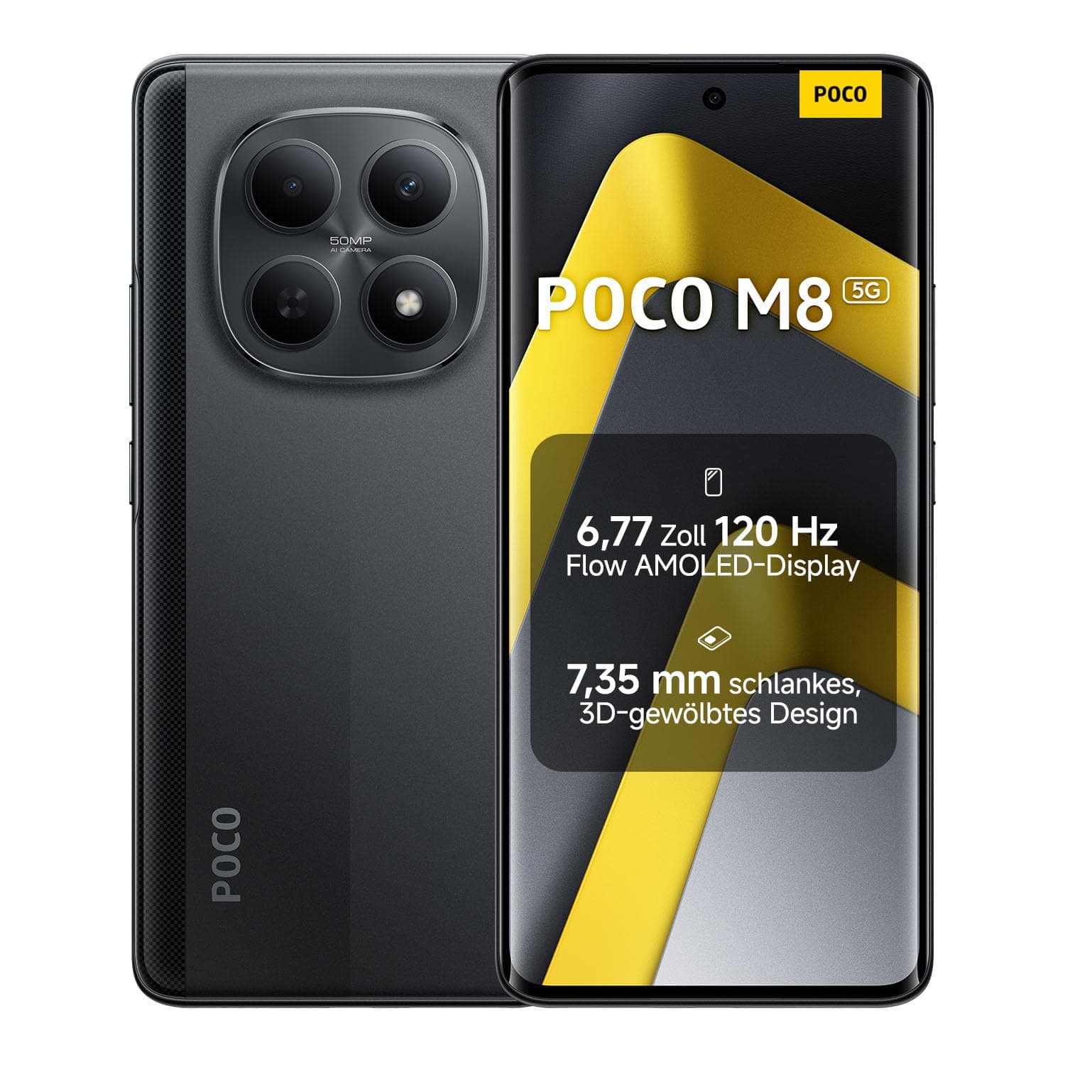 XIAOMI Poco M8 5G Smartphone, 8 GB RAM + 256 GB Speicher, 6,77" 120 Hz Flow AMOLED Display, Snapdragon® 6 Gen 3, 50 MP KI-Dual-Kamera, 7,35 mm schlankes 3D-Curved Design, Schwarz, 2 Jahre Garantie