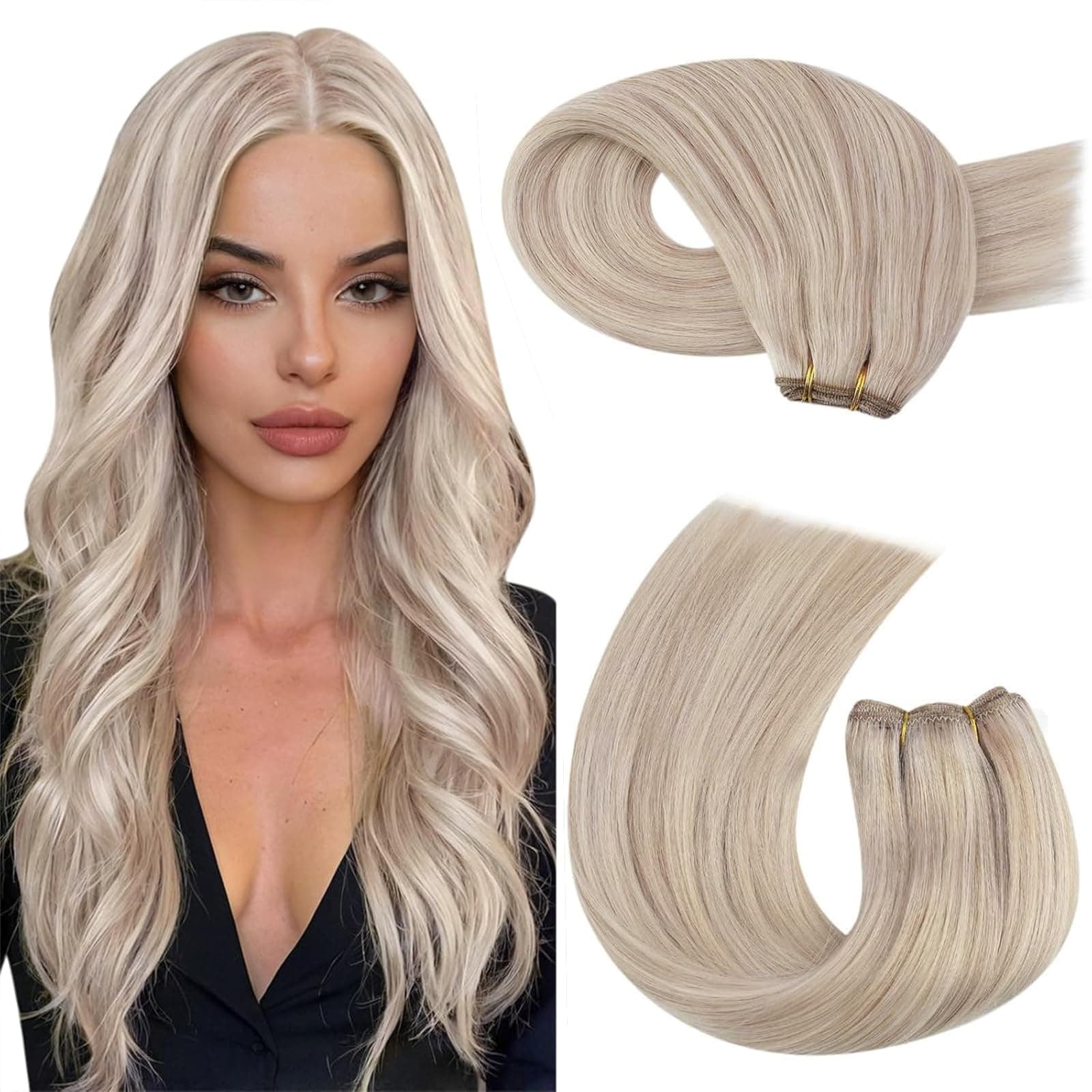 Moresoo Tissage Naturel Cheveux Humain Remy Invisible Extension Cheveux Naturel Tissage Blond Cendré et Blond Décoloré #P18/613 50 cm/20 Pouces 100g