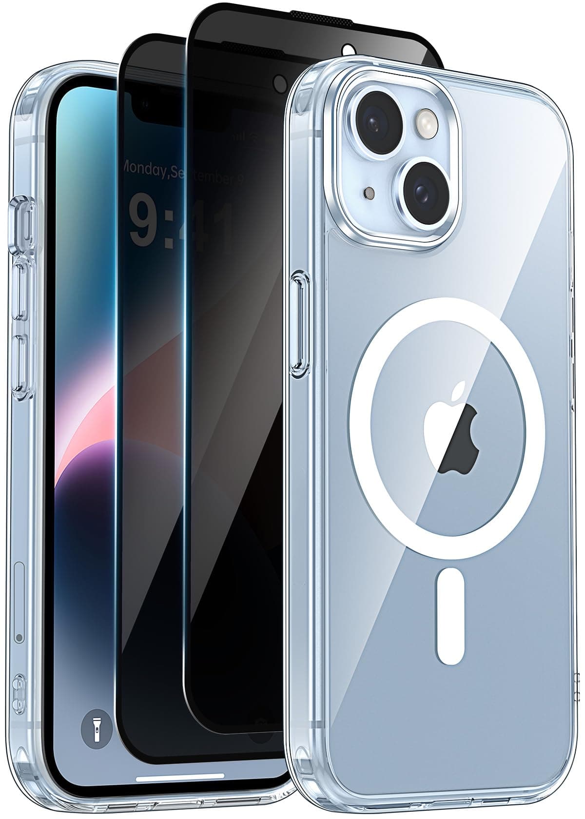 Helssitot Coque Magnétique pour iPhone 13 / iPhone 14 avec 2 Verre Trempé Anti-Espion Compatible avec MagSafe Militaire Étui Housse Antichoc Bumper Militaire 6,1 Pouces-Transparente