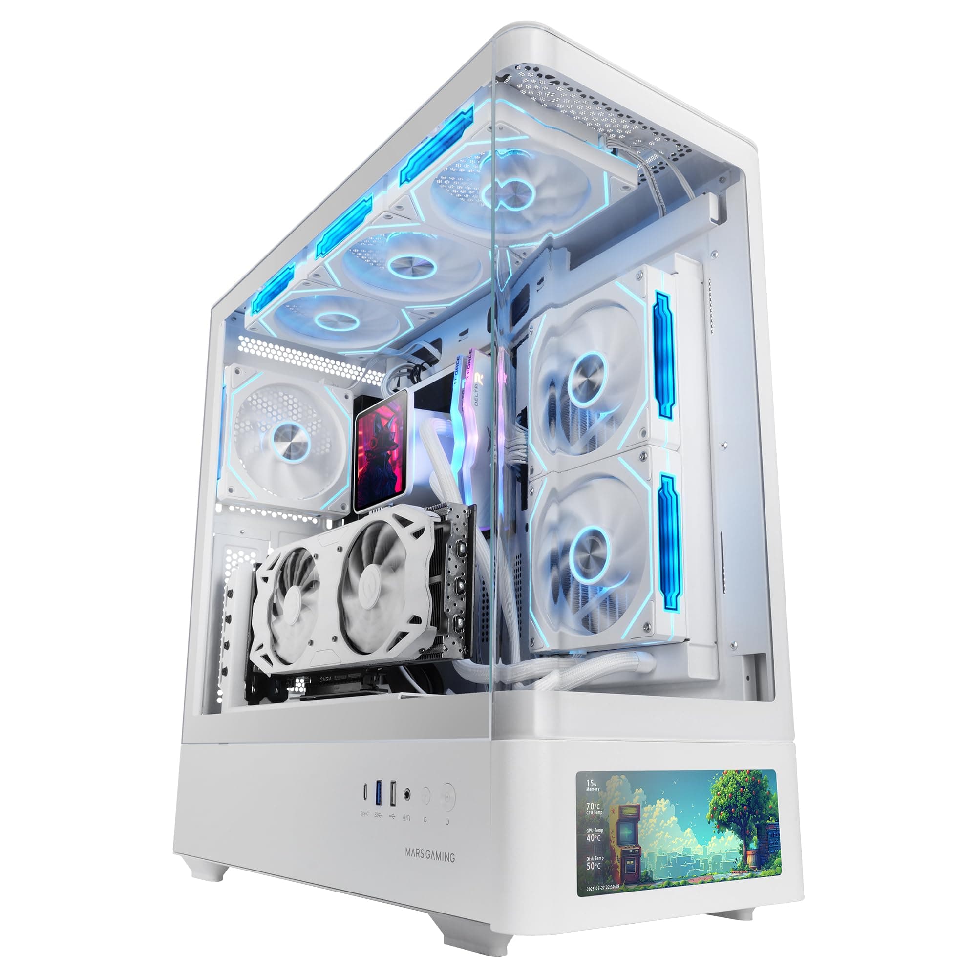 Mars Gaming MC-LCDPRO, Caja Gaming ATX, Pantalla LCD IPS 7.2" Personalizable, Cristal Templado Curvado Frontal y Lateral, Estructura de Doble Cámara, Soporte Refrigeración Líquida hasta 360mm, Blanco