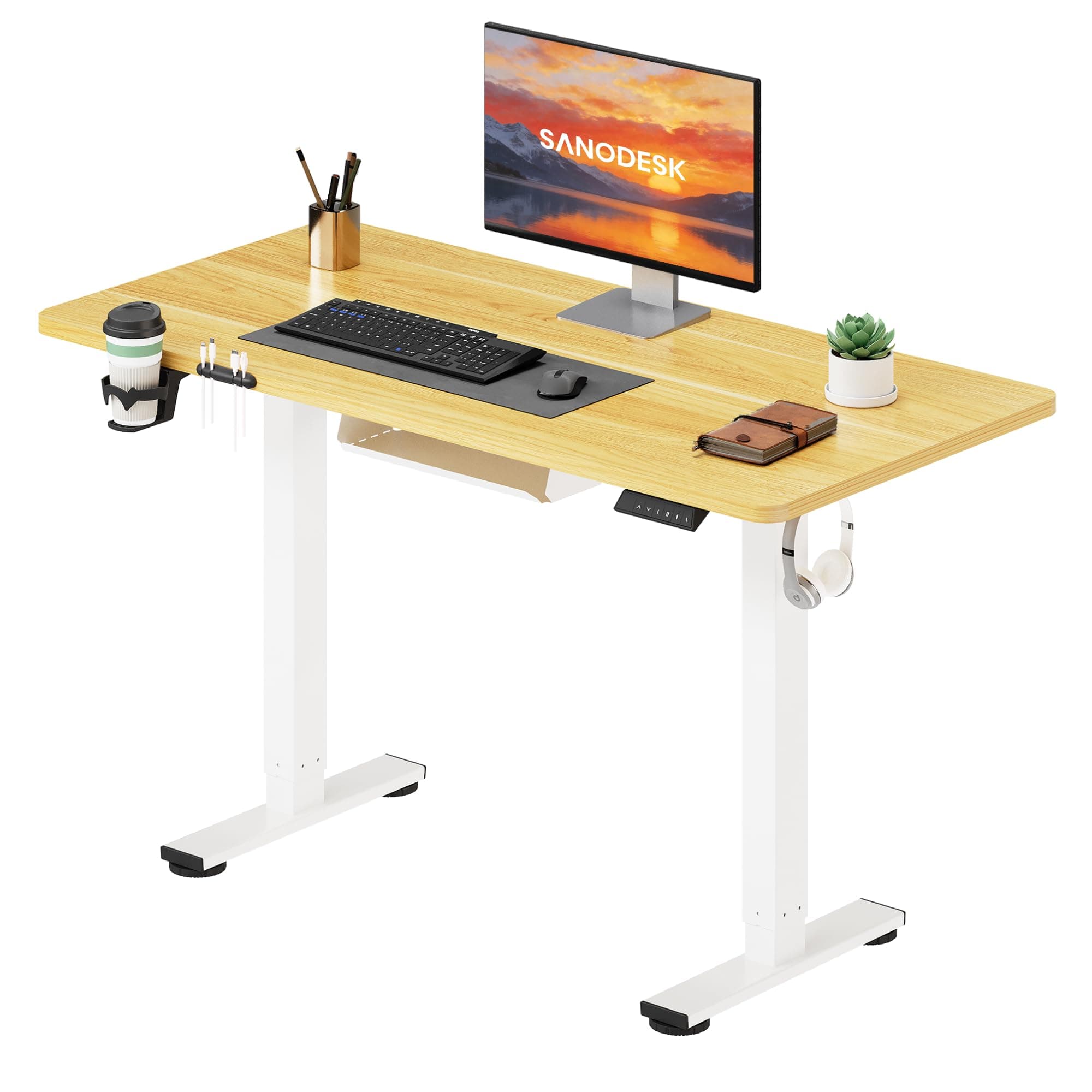 SANODESK Escritorio Elevable Eléctrico 110x54cm con Tablero Completo, Mesa Ajustable en Altura con Sistema Anticolisión, Función de Memoria de 4 Alturas con Gancho y Caja de Almacenamiento, Arce