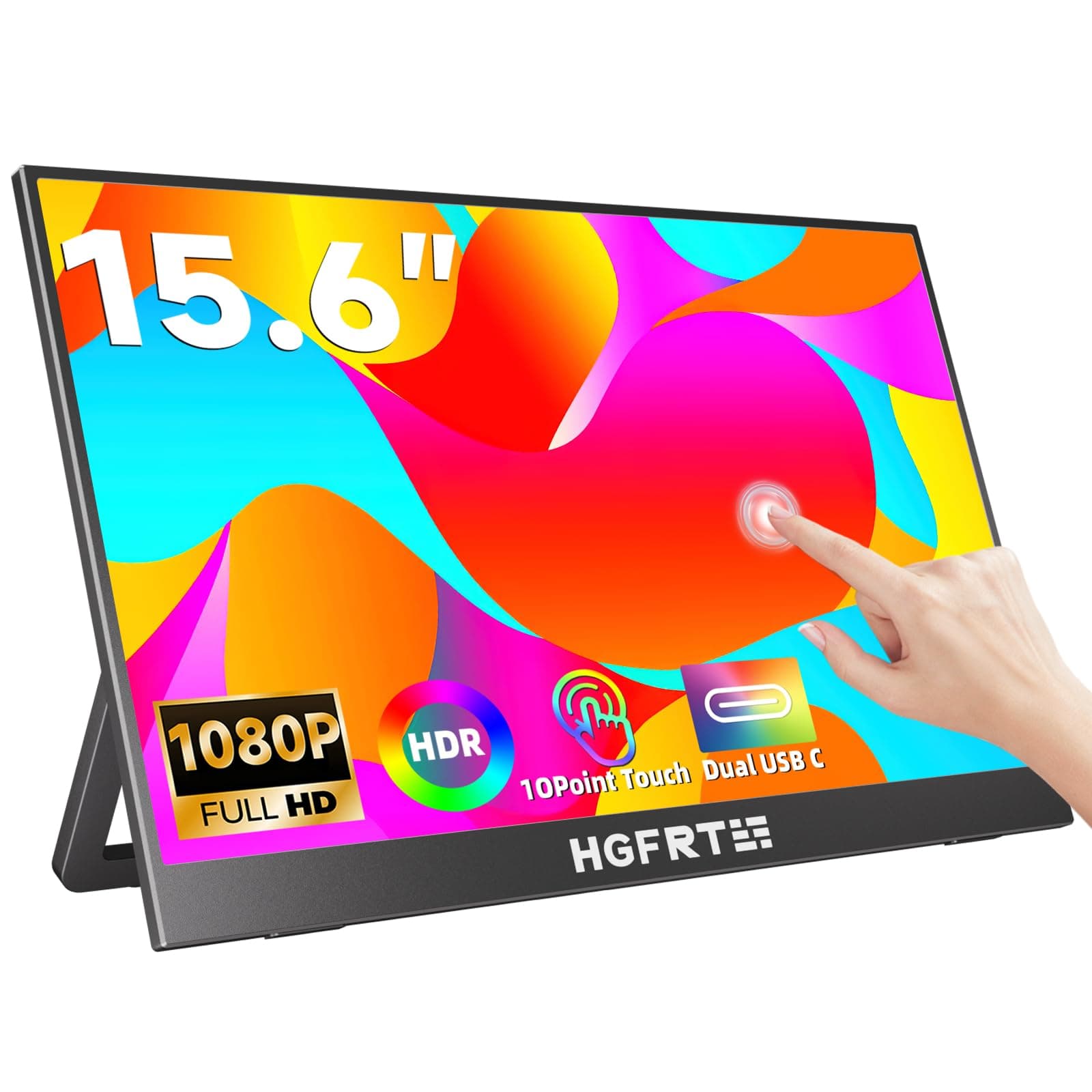 HGFRTEE Monitor Portatil Tactil 15.6 Pulgadas, 1920 x 1080 FHD Pantalla Táctil portátil de16:9, IPS, Gran Angular de 178°, sRGB 80%,60 Hz, USB-C, Mini-HDMI, VESA, Deux Altavoz, Soporte Plegable