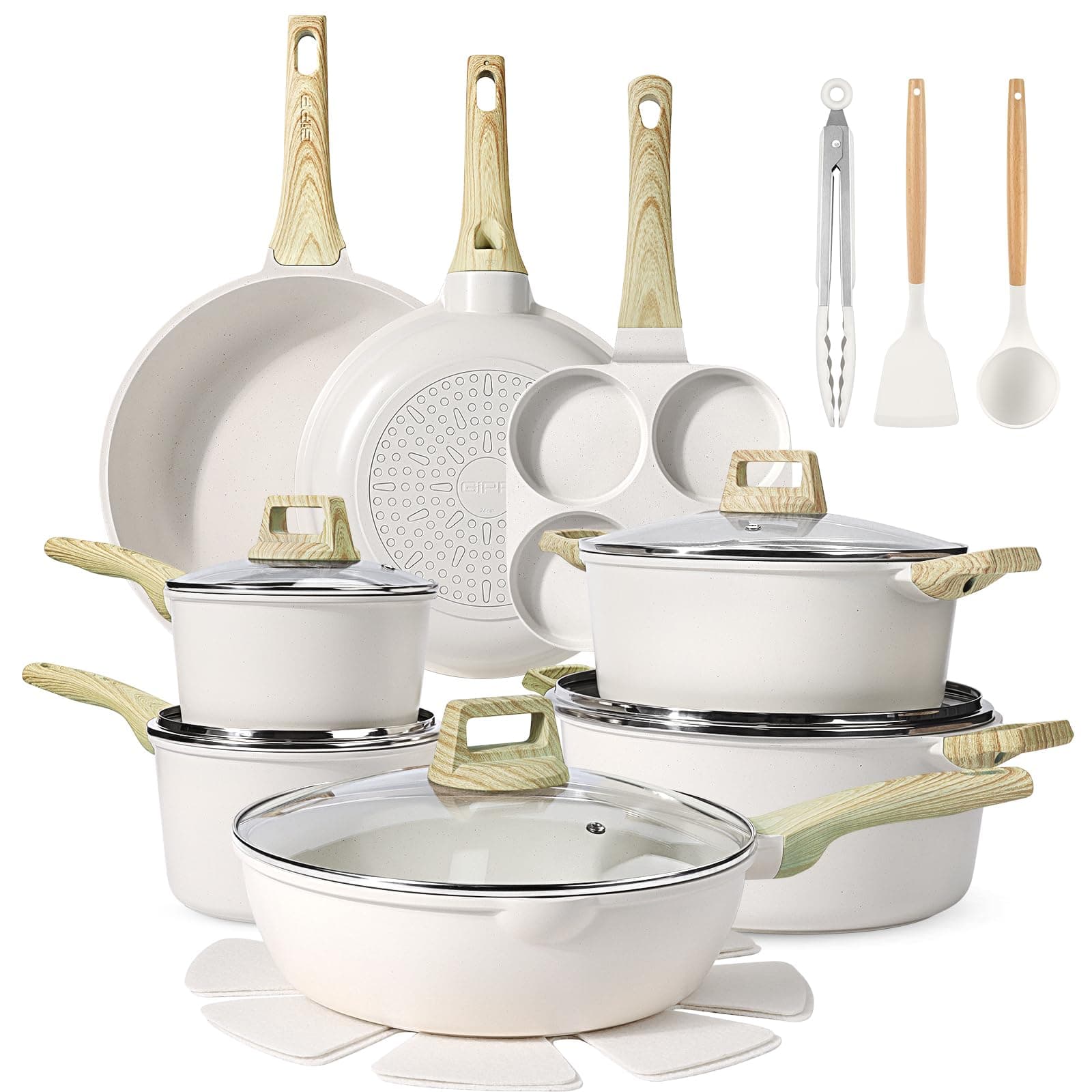 GiPP Lot de 22 ustensiles de cuisine en céramique antiadhésifs, passent au lave-vaisselle, sans PFAS, blanc