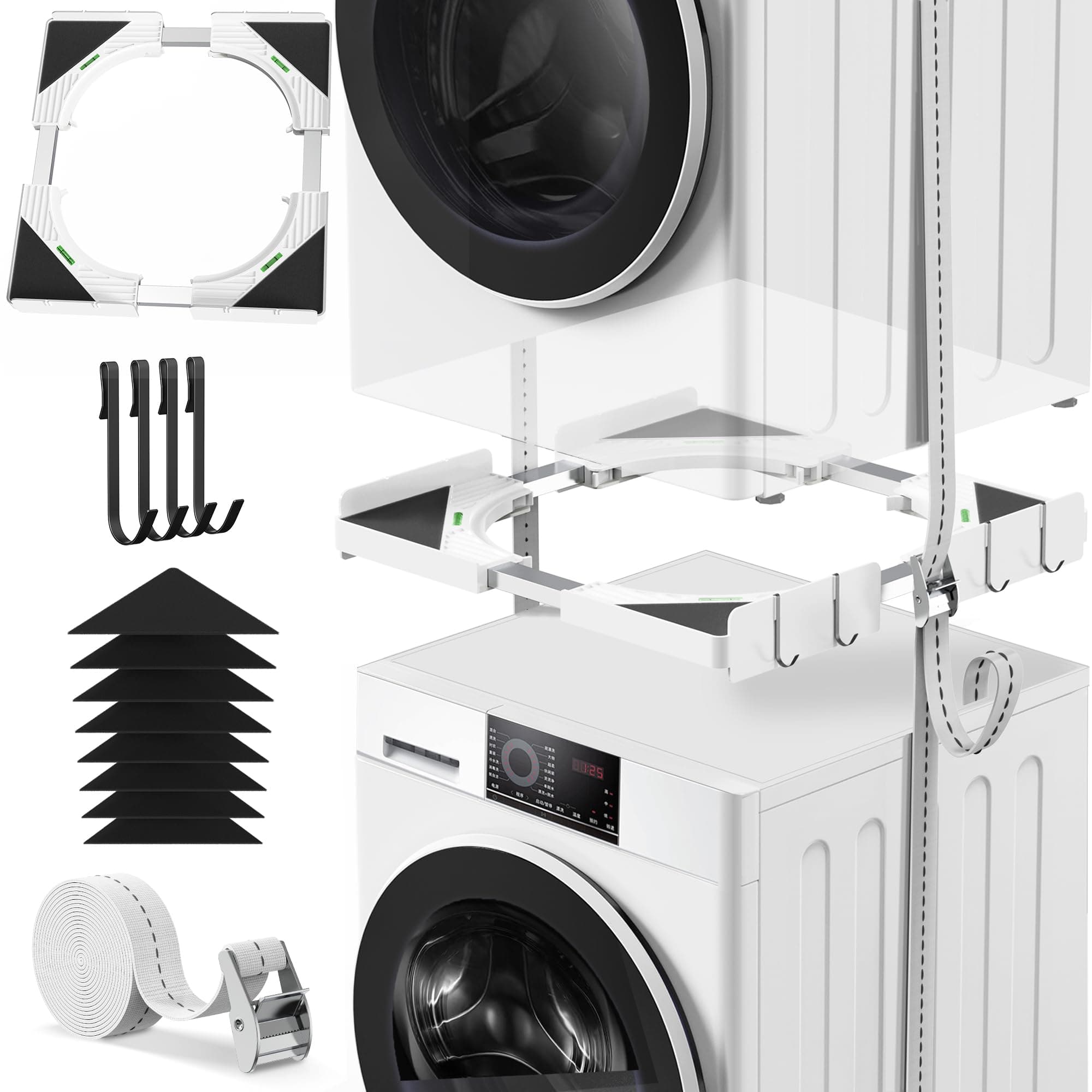 Kit d'empilage universel pour machine à laver et sèche-linge, avec corde à cliquet, accessoire de machine à laver pour sèche-linge, taille réglable 45-68 cm (Blanc ultra-mince)
