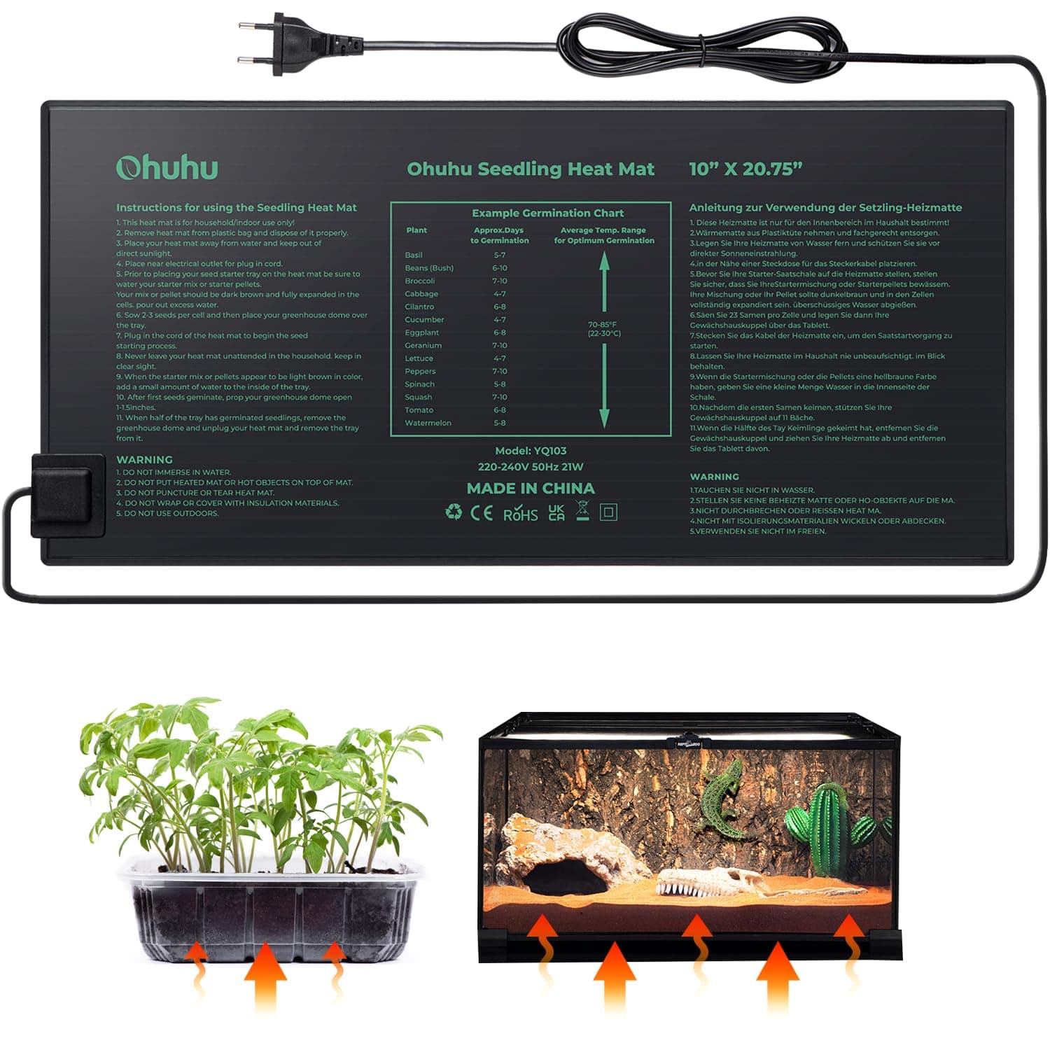 Ohuhu Heizmatte Wärmematte für Sämling Germination, Wasserdichtes Heizmatte Pflanzen Gewächshaus Heizkissen Reptil Temperatur Heizkissen Hydroponischer Gartensaatstarter Sicher Haltbar, 25x52 cm, 21W