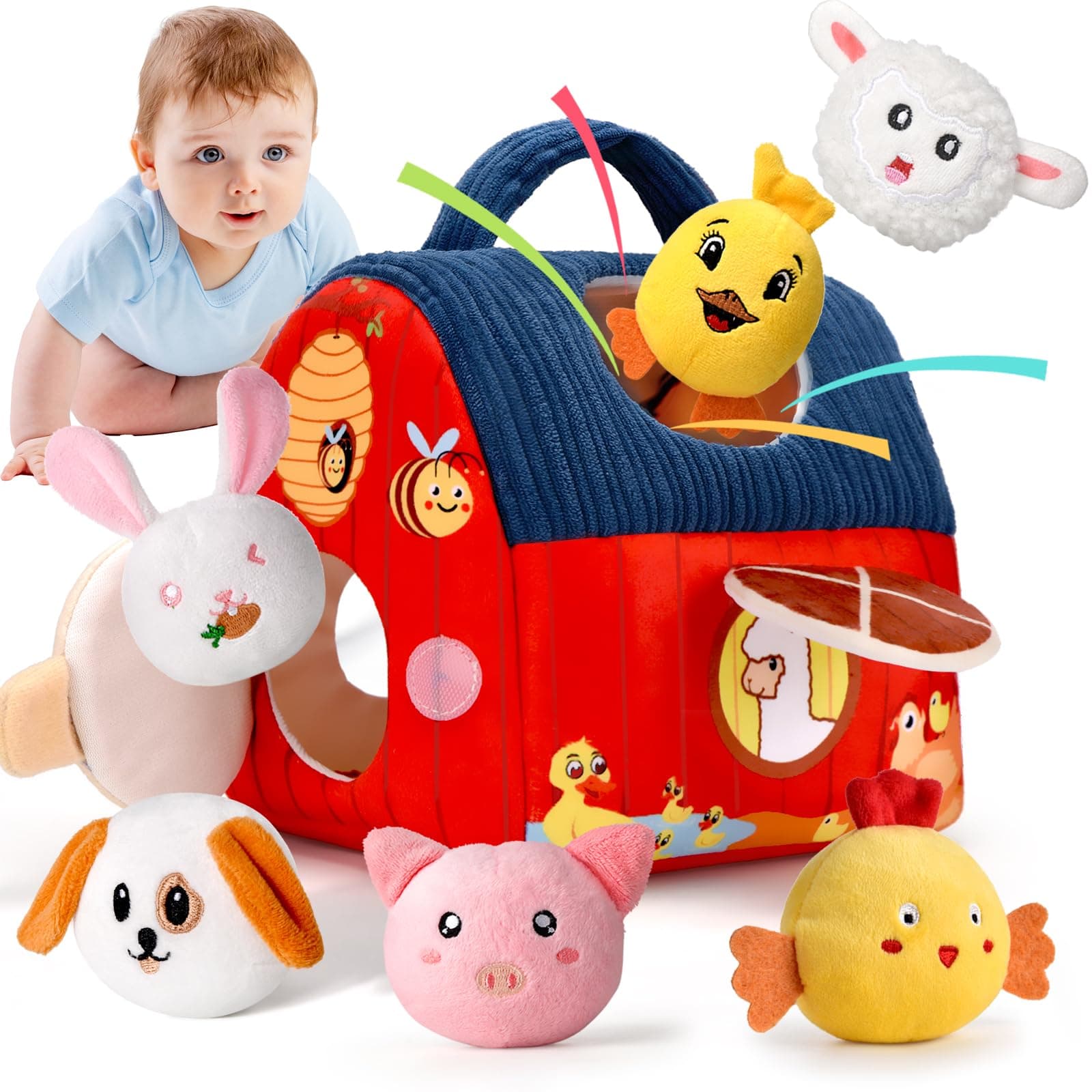 Loyzico Juguetes Bebes 6-12 Meses, Juguete Granja Granero y 6 Animales de Peluche, Sonajero Sensorial y Espejo- Juguetes Montessori para Niños 1 Año, Regalo Niño y Niña