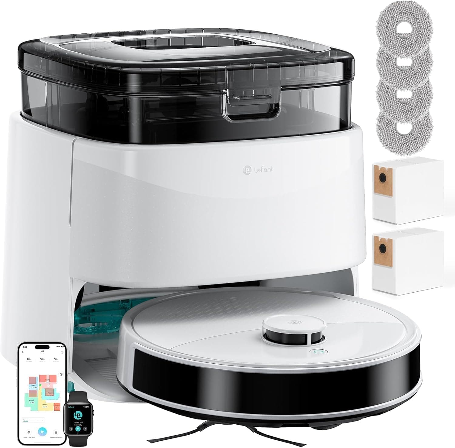 Lefant M3 Max Robot Aspirateur Laveur 20 000 Pa, Station Multifonctionnelle, Double Serpillière Rotative 200 TR/Min Relevable 9 mm, Navigation LiDAR, Évitement d’Obstacles, Poils d’Animaux