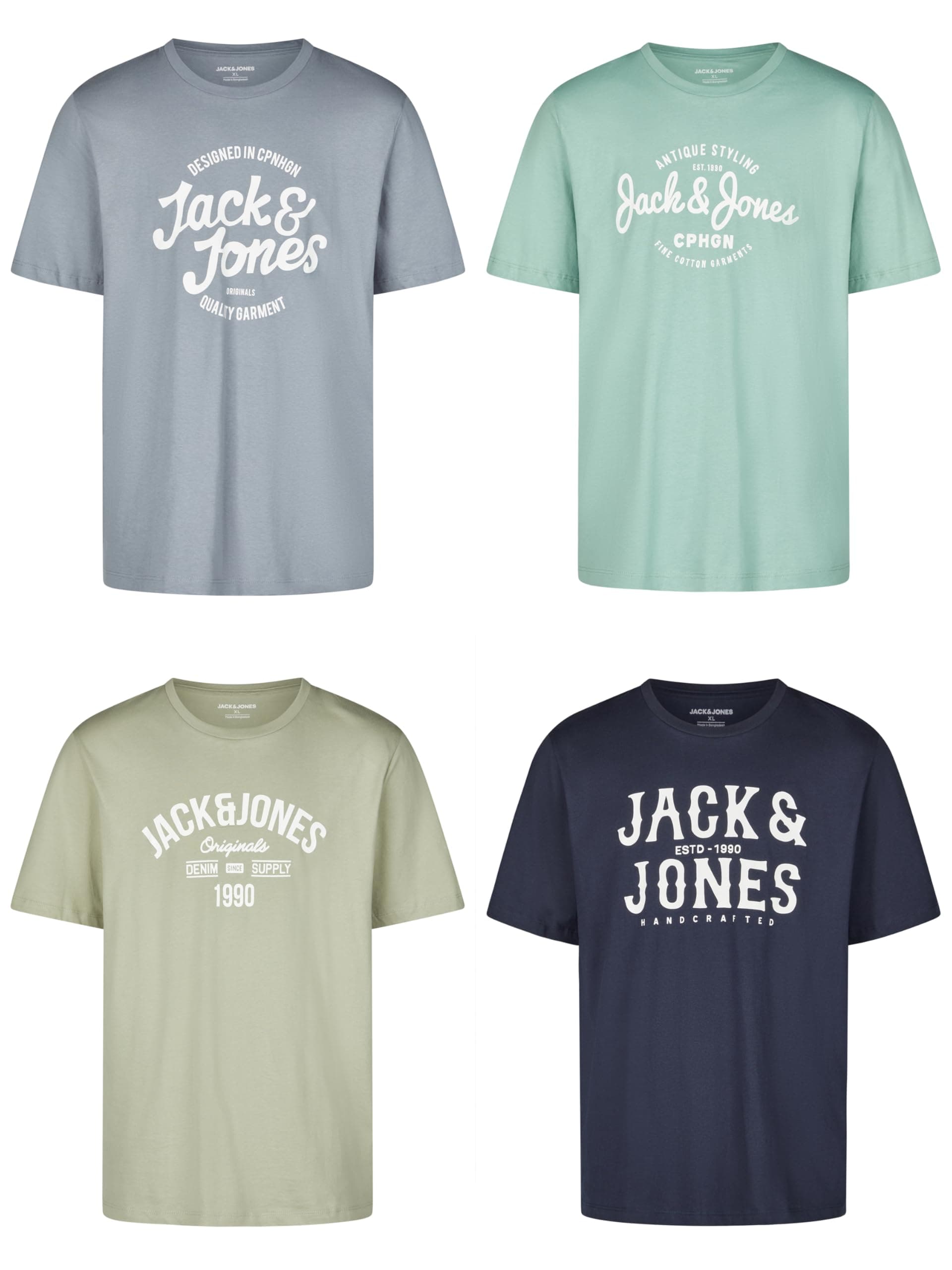JACK & JONES Tshirt Herren Regular Fit JJLINO 4er Pack Set Pack Rundhals Kurzarm Sommer Tee Shirt Print Schwarz Weiß Grün Rot Blau Grau S M L XL XXL 3XL