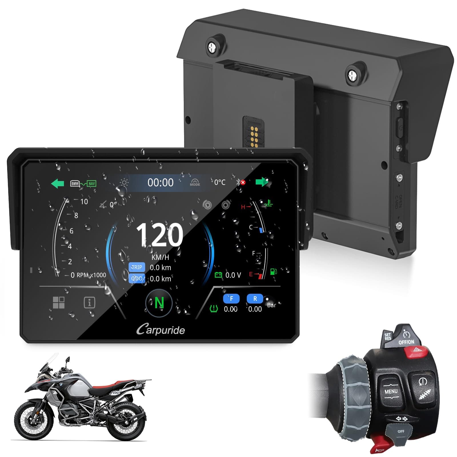 CARPURIDE W502BS Pro para BMW CarPlay y Android Auto para Motocicletas, Bluetooth Dual, Pantalla de Navegación GPS Impermeable de 5 Pulgadas, Lectura de Datos, Native Wonder, TPMS, Sensor de Luz