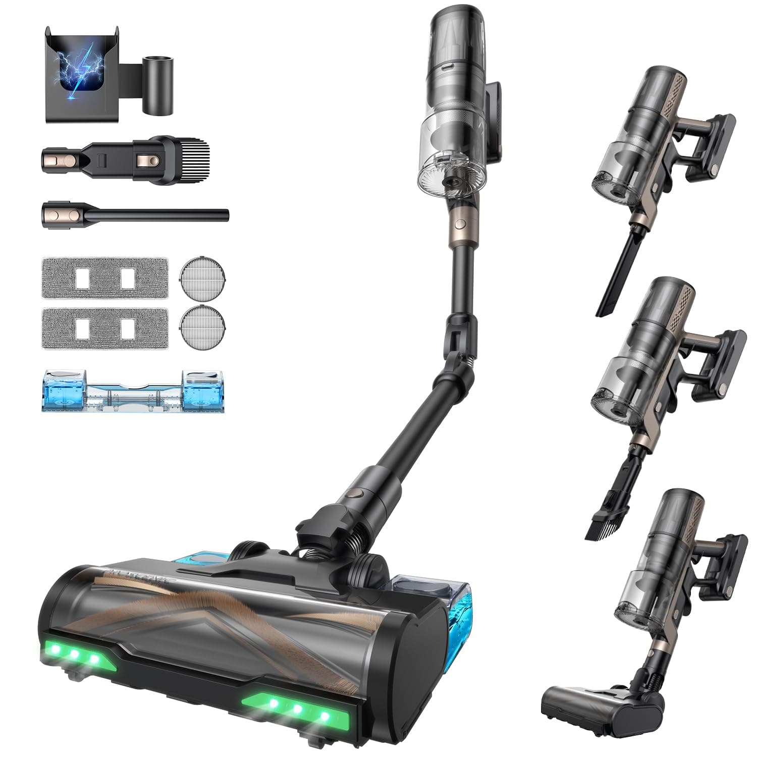 Proscenic P20 Akku Staubsauger mit Wischfunktion, 70KPa 70 Mins 680W Staubsauger Kabellos mit Selbststehend Wandladestation Anti-Tangle 6 Schichten Filter 1,5L, für Teppiche Haustierhaare,Aurum Black