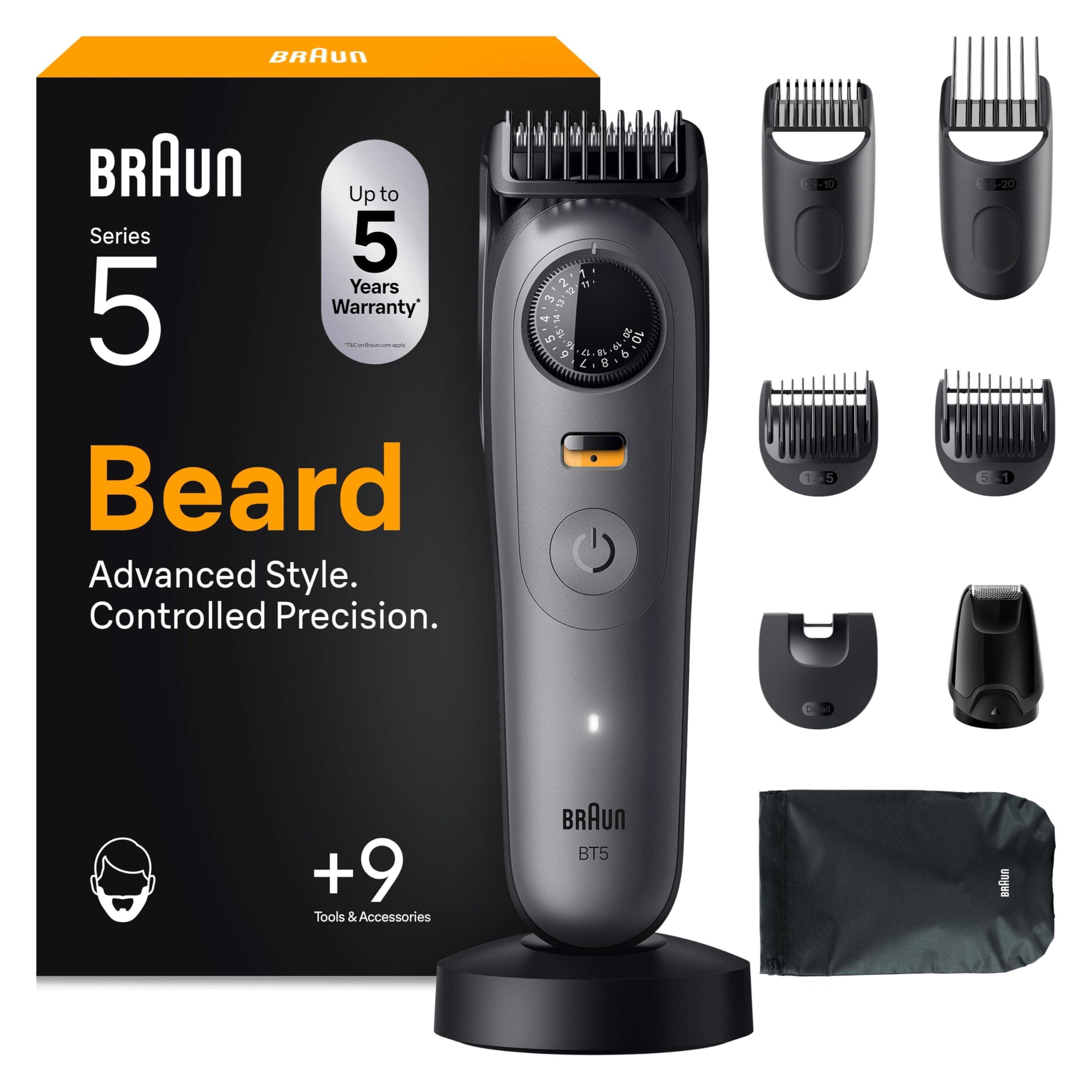 Braun Regolabarba Uomo Series 5, +9 Strumenti Di Styling, Rasoio Elettrico Barba, Lama Ultra Affilata, 120 Min di Autonomia, Impermeabile, Selettore di Precisione Con 40 Lunghezze, BT5565, Grigio