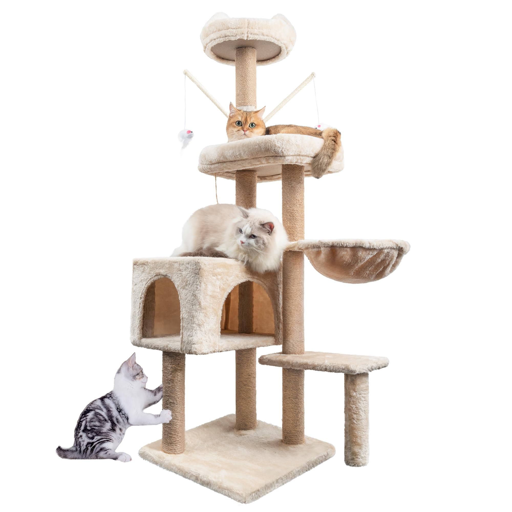 HOMIDEC Árbol Rascador para Gatos, 145cm, Torre de Escalada Estable con Varios Niveles, Actividades para Gatos con 7 Postes de sisal, 5 Plataformas, 2 nidos
