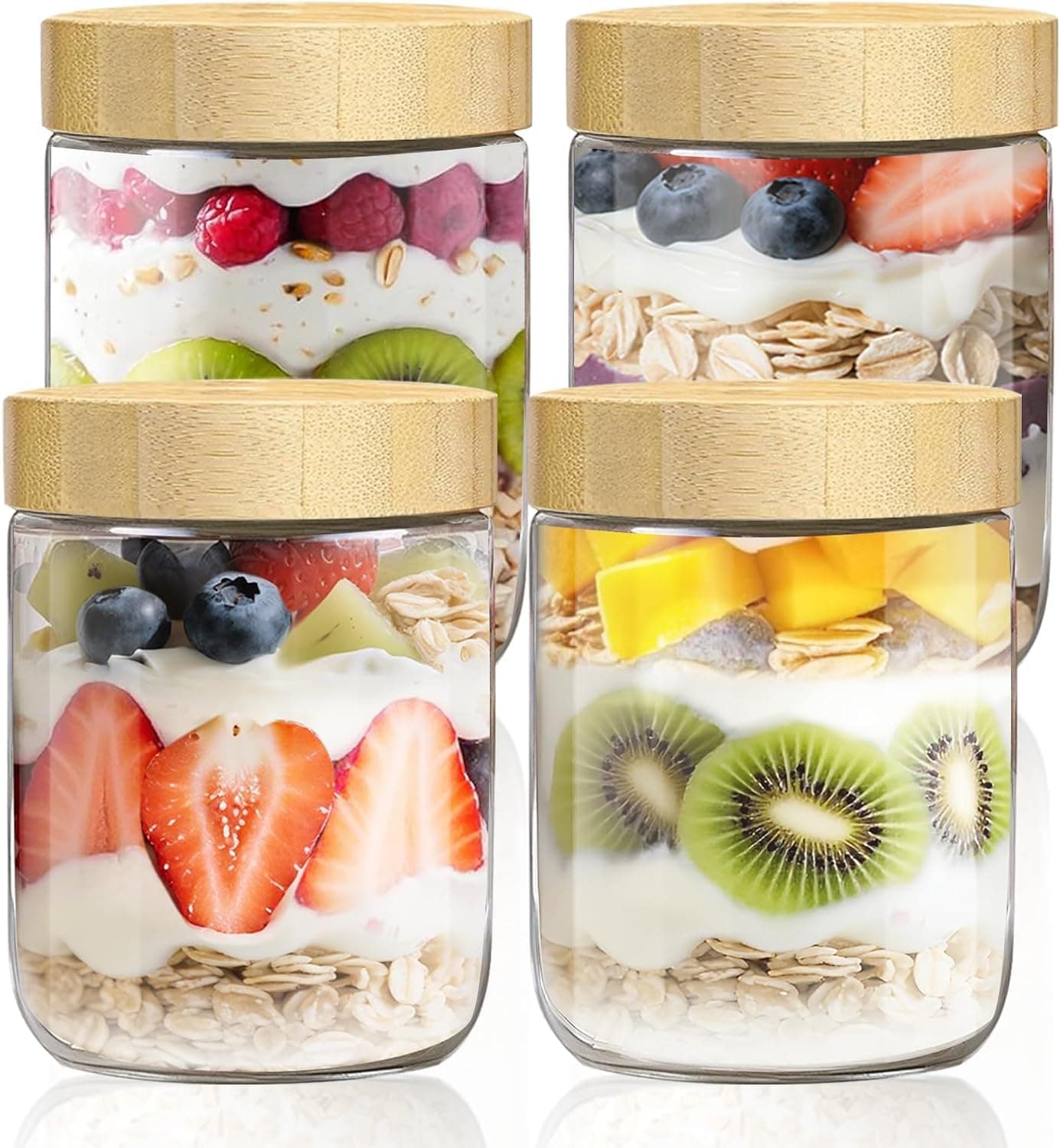 Zikenis 4 pièces Overnight Oats Jar 500ml,Bocaux en Verre Hermétique,Mason Jar avec Couvercles en Bois à Vis Scellésm,pour yaourt,Pudding,Chutneys,porridge,L'Avoine,Salade
