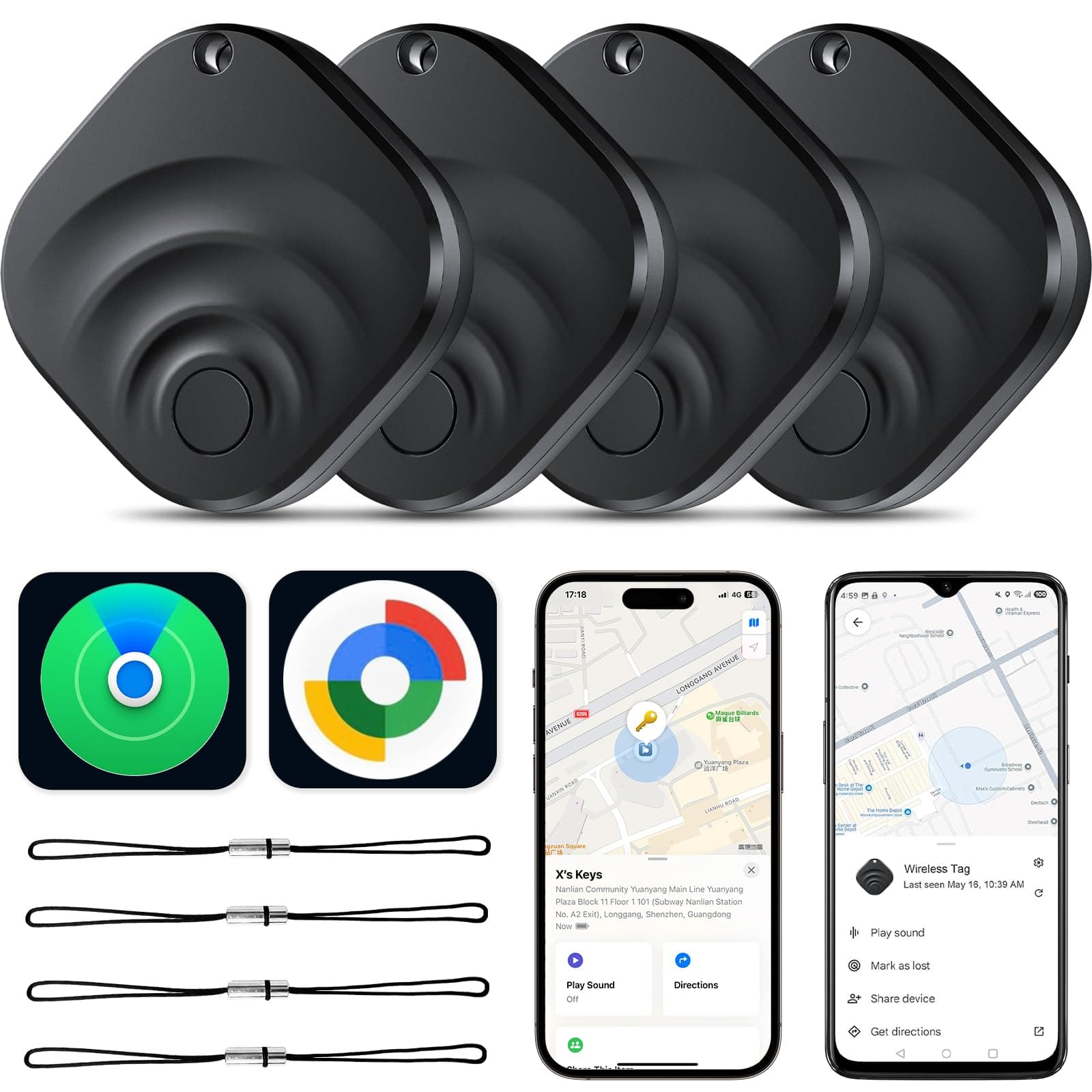 2026 Air Tracker Tags Item Locator per Android e iOS Bluetooth Tracker Smart Tags Compatibile con Apple Find My (iOS) e Google's Find Hub (Android) per chiavi, bagagli, portafoglio nero (pacchetto 4)