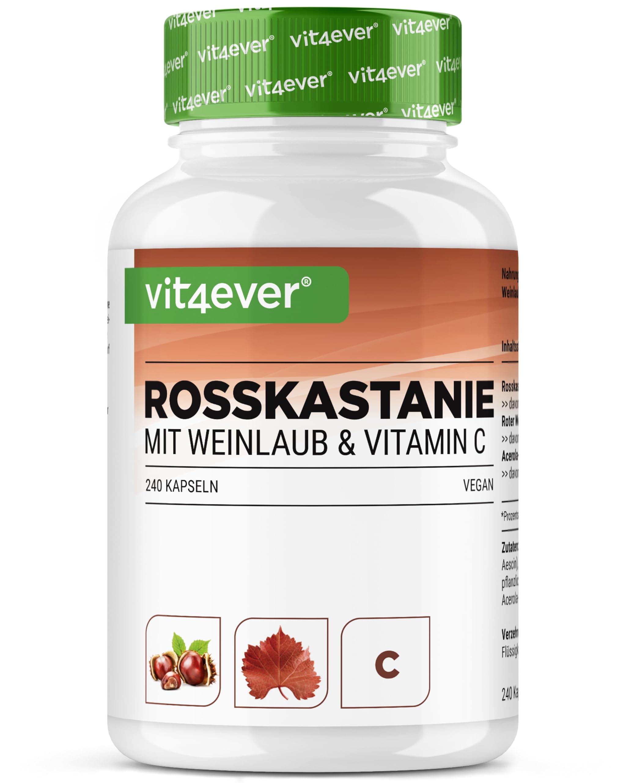 vit4ever Rosskastanienextrakt - 240 Kapseln - Hochdosiert mit 1330 mg Extrakt pro Tagesportion - Rosskastanie mit Weinlaub & Acerola Vitamin C - Ohne unerwünschte Zusätze, vegan
